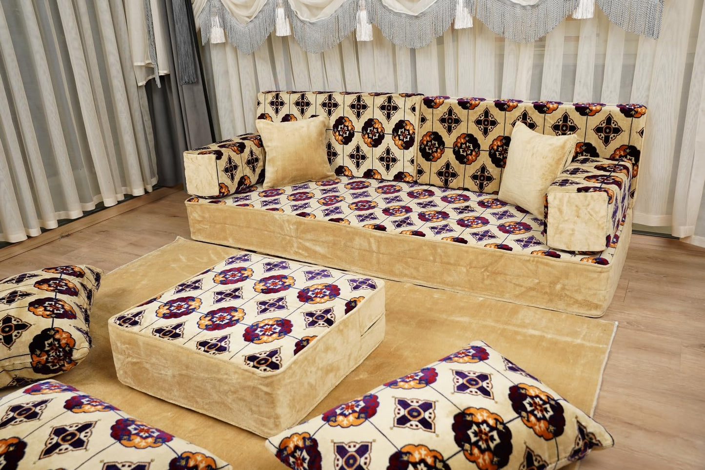 arabicsofa White Modular Diwan Sectional Seating – Arabic Jalsa Sofa Set with Cushions, Handmade Lounge Sofa for Living Room (Royal White Tulip, 8'' Single Full Set)