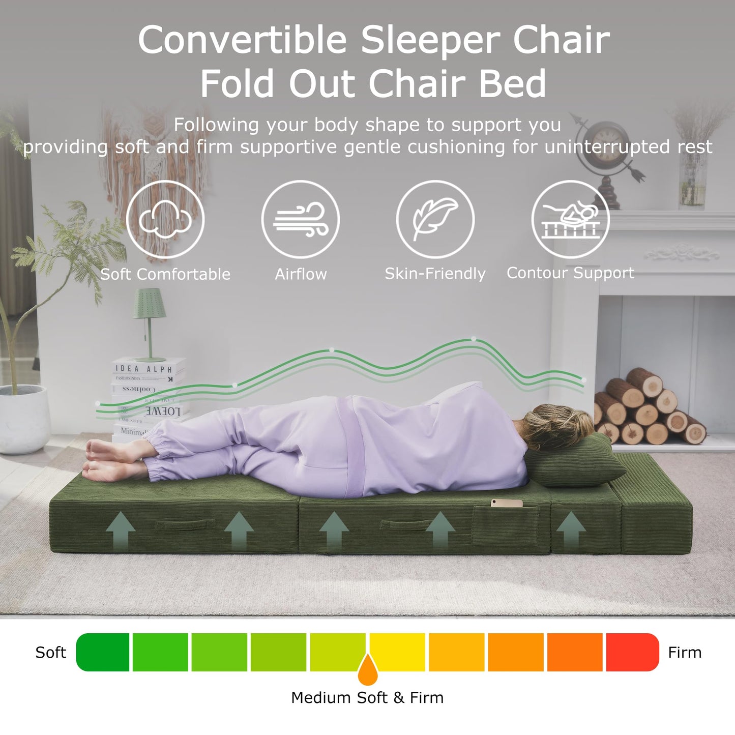 HILERO Folding Sofa Bed, 4 in 1 Convertible Sleeper Chair with Pillow, Single Memory Foam Fold Out Chair Bed, Modern Floor Futon Sofa Couch Mattress for Living Room/Guest/Apartment, Green