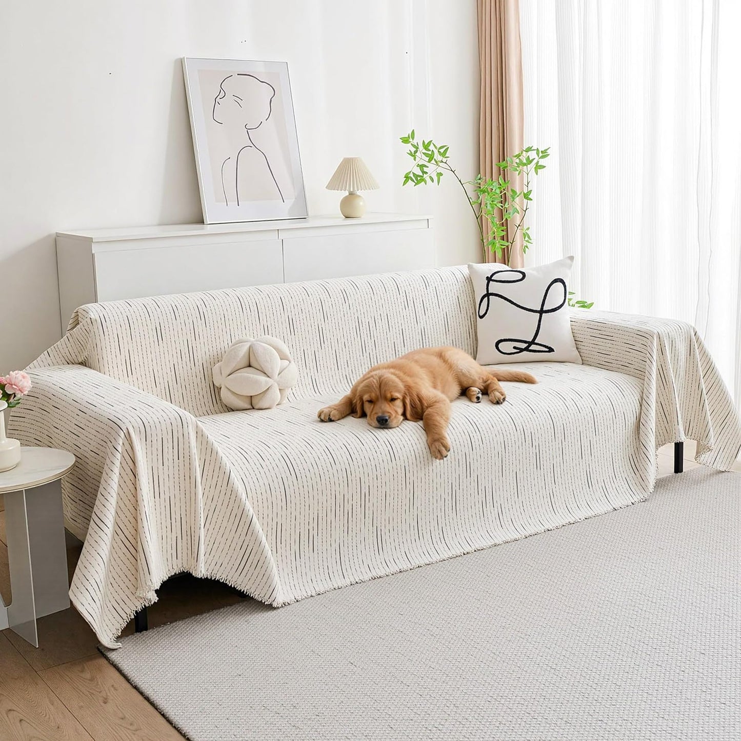 MYSKY HOME Couch Cover for Dogs, Sectional Couch Cover, Beige Lines Sofa Covers for Sectional Sofa L Shape Chenille Couch Protector for Dogs Pets Couch Covers Washable Soft Throw, 91"X118"