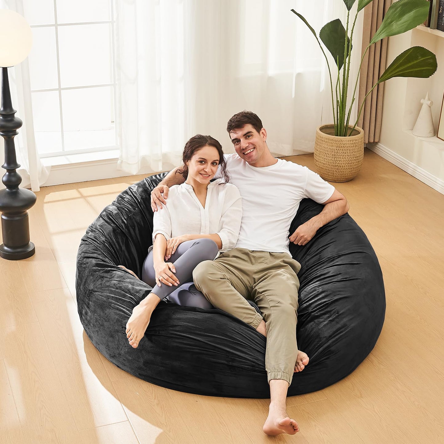 ILPEOD Bean Bag Chairs for Adults - Memory Foam Furniture BeanBag Chair - Kids/Teens Sofa with Soft Micro Fiber Cover - Round Fluffy Couch for Living Room Bedroom College Dorm - 5 ft, Carbon Black