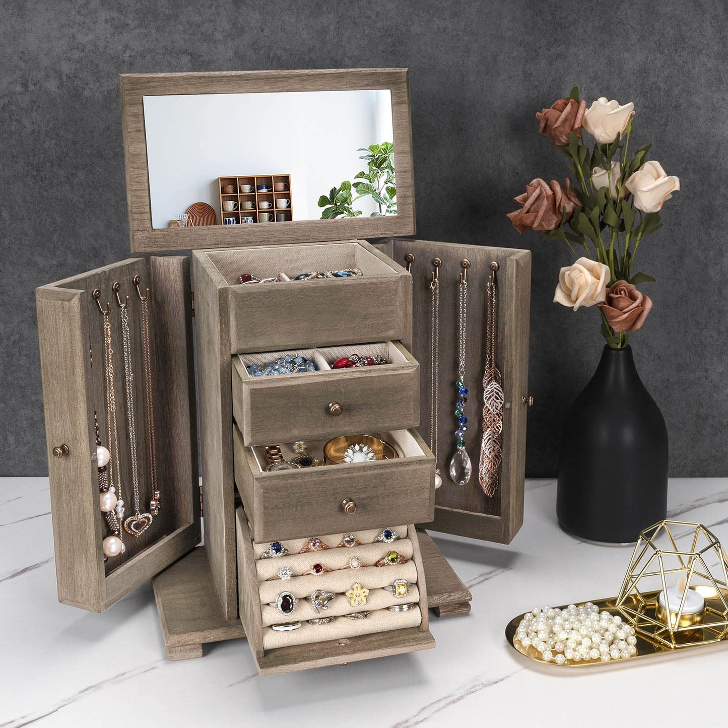 Emfogo Jewelry Box for Women, Rustic Wooden Jewelry Boxes & Organizers with Mirror, 4 Layer Jewelry Organizer Box Display for Rings Earrings Necklaces Bracelets (Weathered Gray)