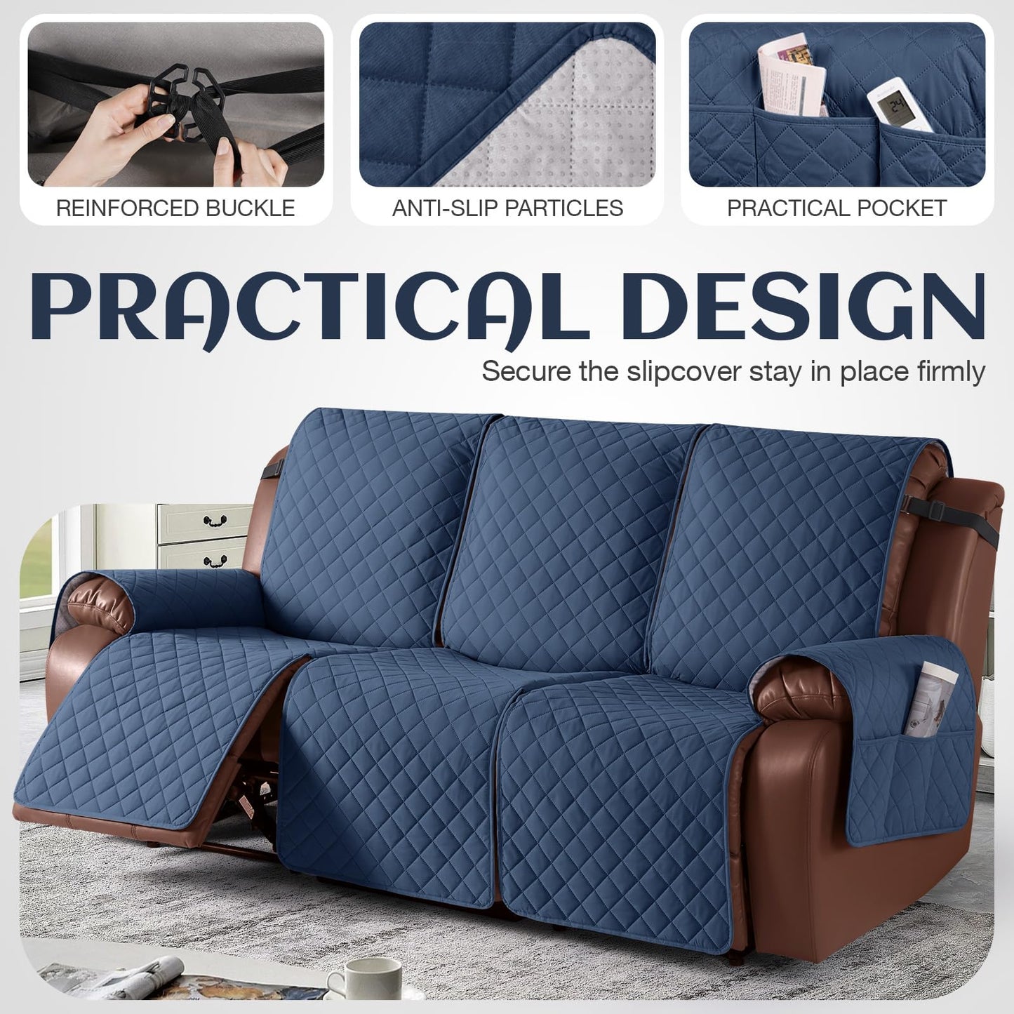 KinCam Waterproof Recliner Sofa Cover, Non-Slip Reclining Couch Covers for 3 Seat, Recliner Couch Cover Furniture Protector with Elastic Straps for Pets, Kids, Blue