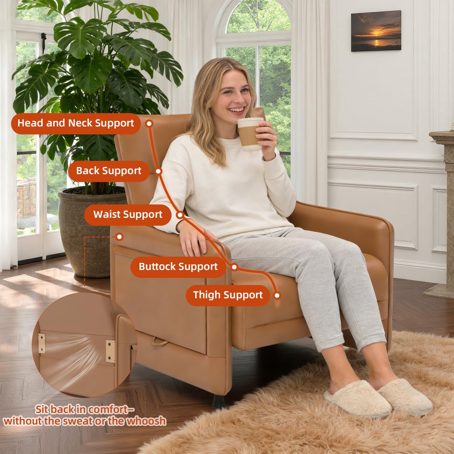 Tbillionnext Upholstered Accent Sofa, Modern Faux Leather Chair with Hidden Foldable Tray & Side Pocket, Rear Contour Arm Design, Small Accent Sofa for Bedroom, Brown