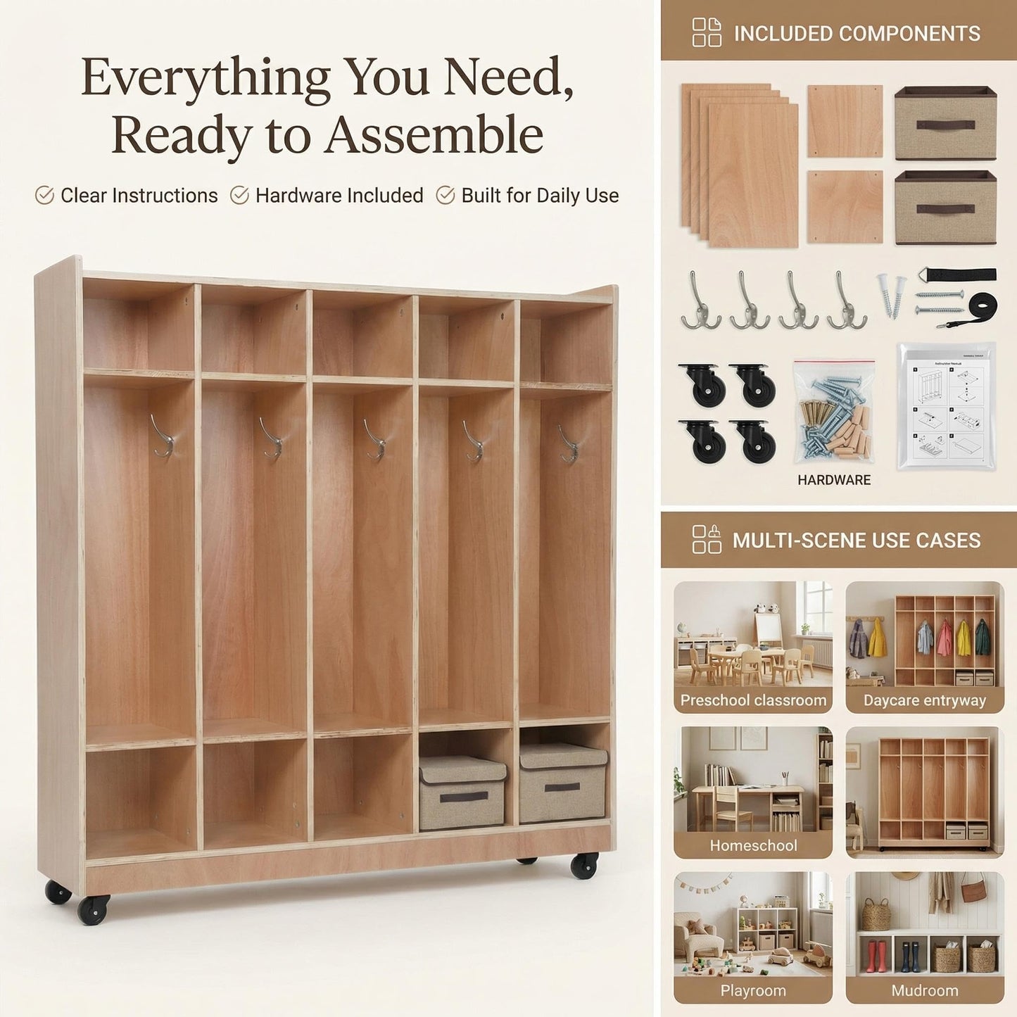 GarveeTech 5-Section Cubby Storage Organizer, Classroom Coat Locker with 4 Casters, 5 Hooks & 2 Storage Boxes, Heavy-Duty Plywood Daycare Furniture for Preschool & Kids Entryway, 48" Tall