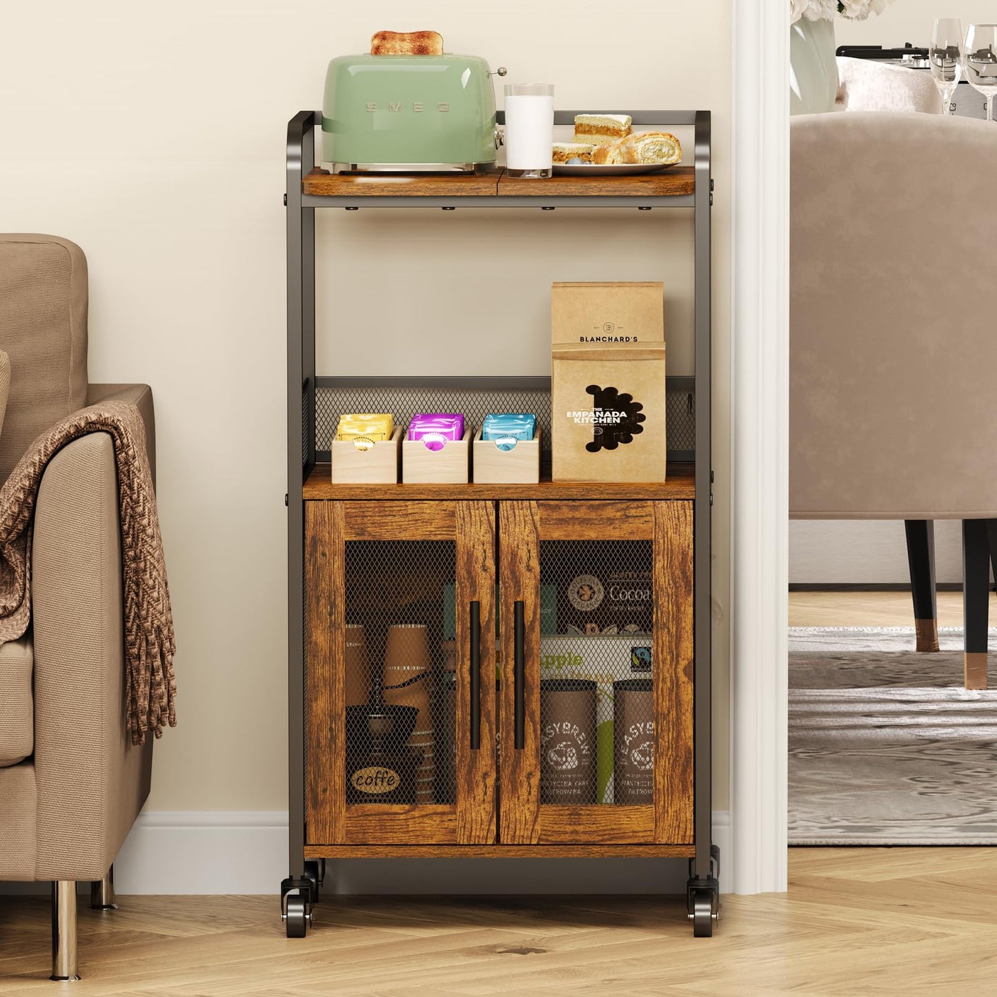 Hencawima Small Coffee Bar Cabinet with Storage, 3-Tier Rolling Coffee Bar Table, Farmhouse Coffee Cart Station with 2 Doors for Living Room, Dining Room, Rustic Brown