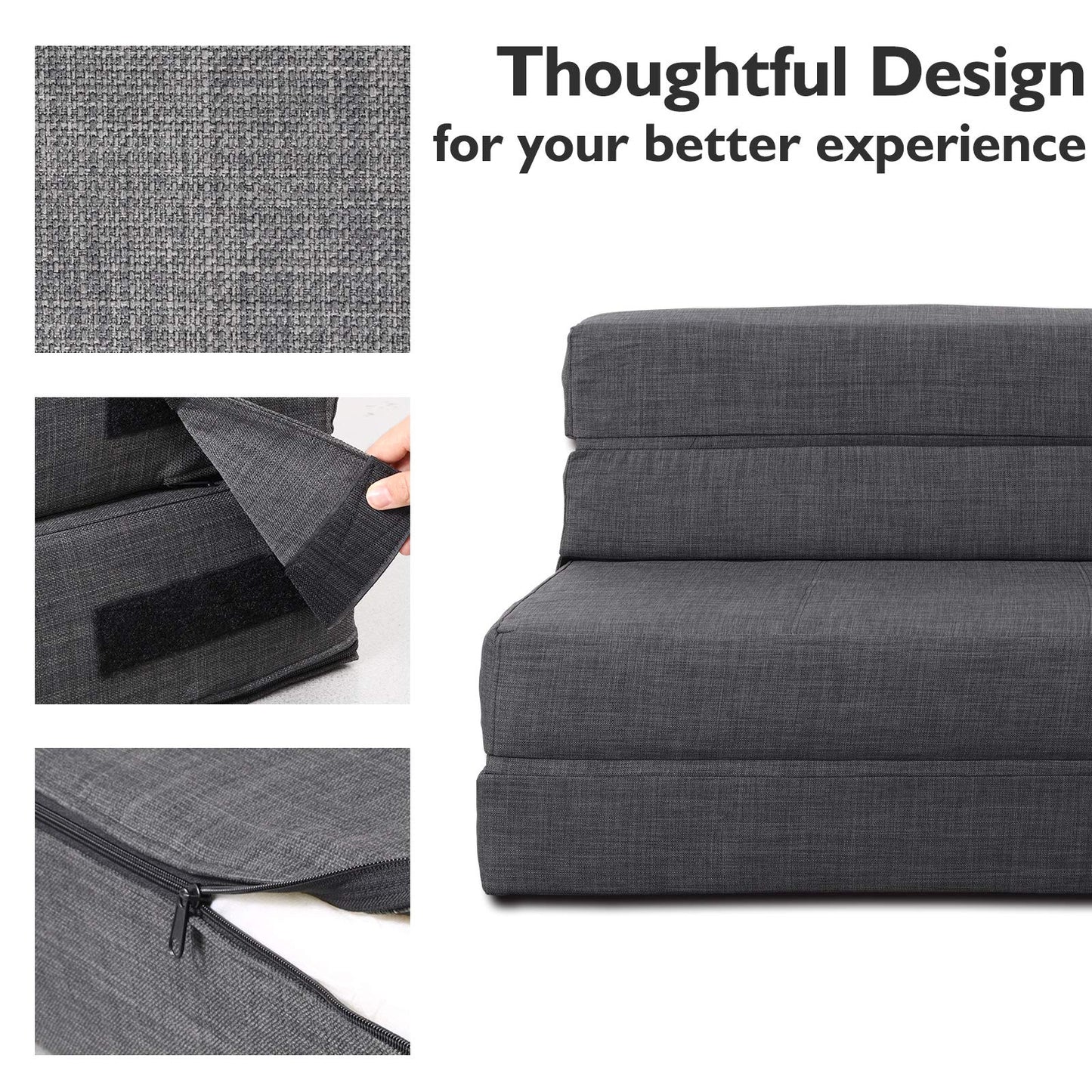 ANONER Folding Sleeper Chair Sofa Bed with Pillow, Memory Foam Fold Out Chair Bed and Futon Floor Couch, Twin Size, Dark Gray