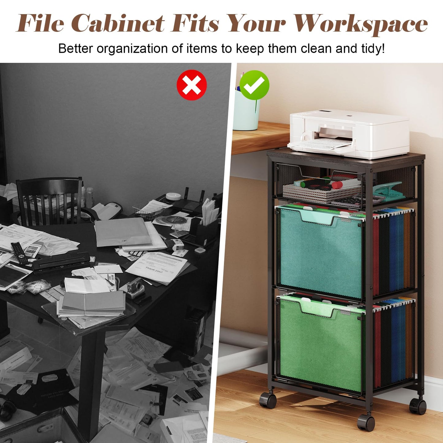 Sbanmao 3 Drawer Mobile File Cabinet for Home Office, Rolling Filing Cabinet on Lockable Wheels, Hanging File Folders Organizer, Utility Cart Storage and Organizer, Printer Stand, Black