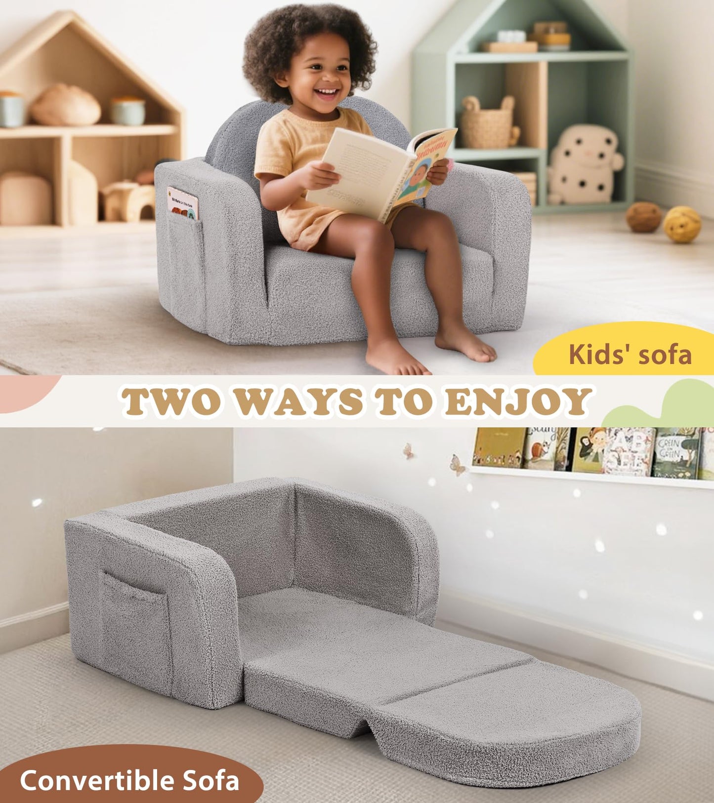 Foryoomi Kids Couch, 2-in-1 Soft Toddler Couch Fold Out with Blanket, Comfy Toddler Chair, Convertible Sofa, Gifts for Kids Girl Boys, Medium Grey Rainbow