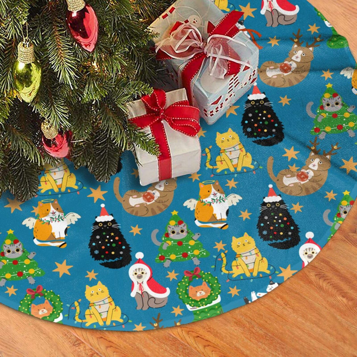 Cute Cats Christmas Tree Skirt, 48 inches Blue Kawaii Animal Tree Skirts Santa Xmas Mat Farmhouse Holiday Party New Year Supplies Ornaments Decorations for Mini Small Pencil Big Trees