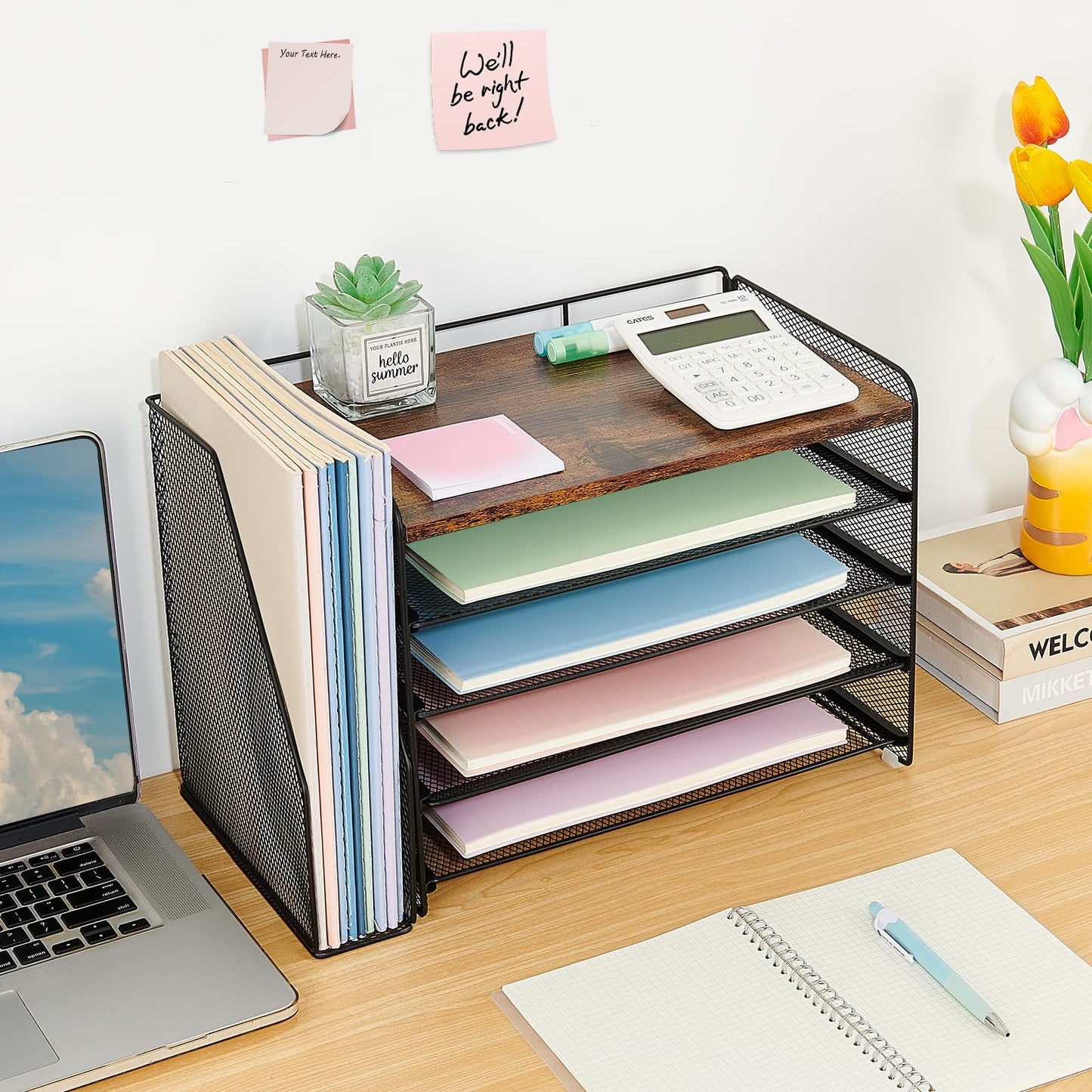 OPNICE Desk Organizer, 5-Tier Paper Organizer Letter Tray with Magazine Holder, Office Desk Accessories & Workspace Organizers, Desktop File Organizer for Office Supplies Storage, Wood