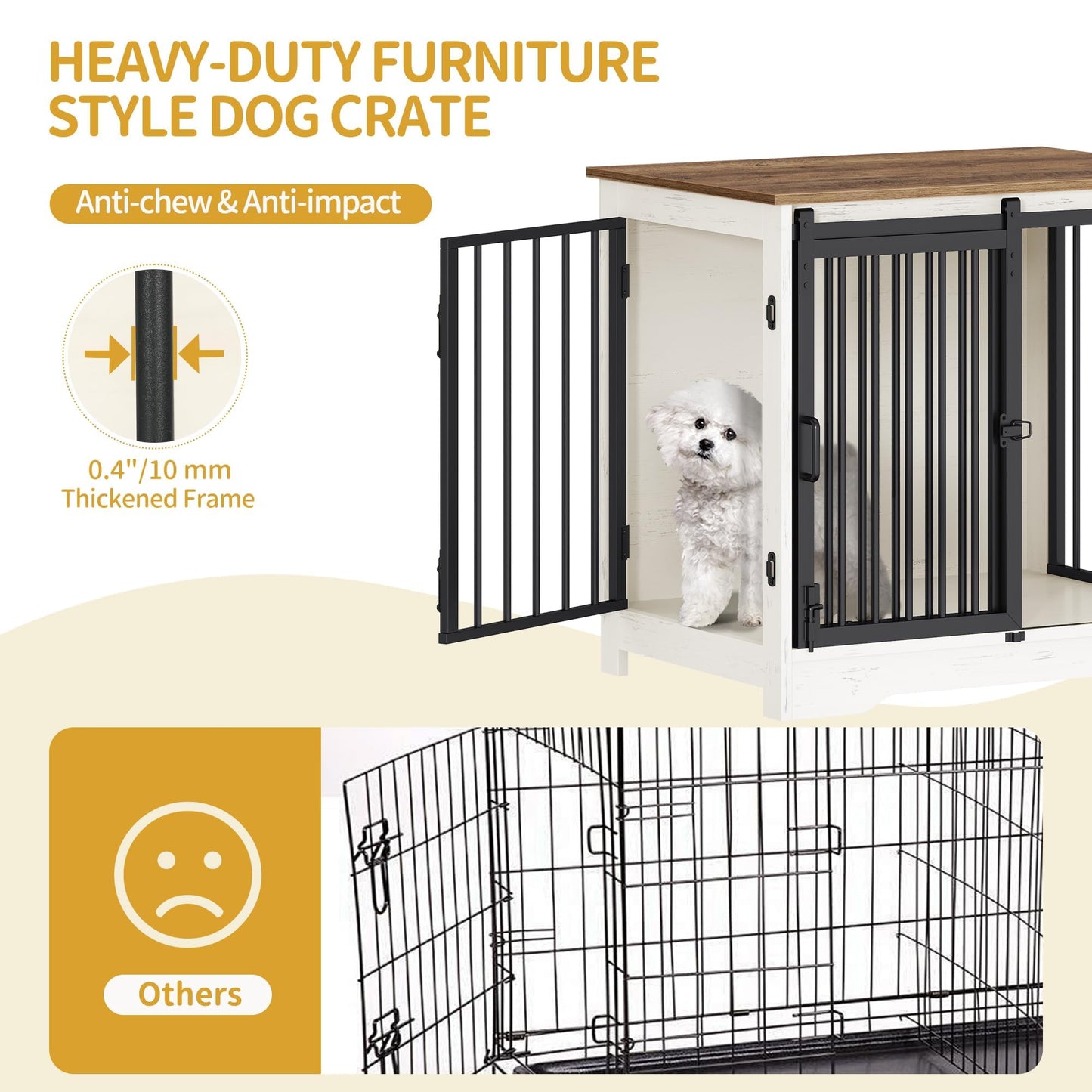 Hzuaneri 27.2" Dog Crate Furniture with Barn Door, Heavy Duty Dog Kennel Indoor with 2 Doors, Wooden Pet Cage End Table for Small Medium Dogs up to 22 lb, Anti-Chew Anti-Escape, White Brown DFC84314B