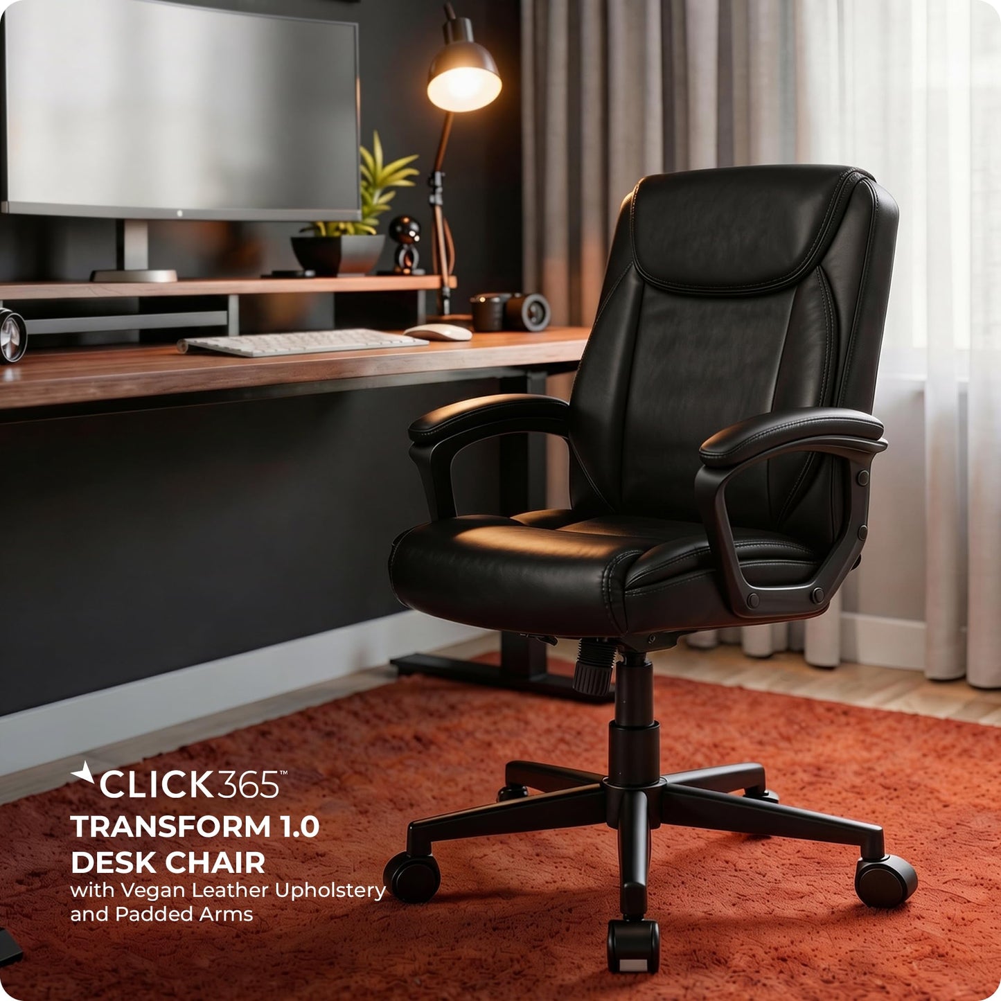 Click365 Transform 1.0 Ergonomic Office Chair, Mid Back Desk Chair with Padded Arms, Lumbar Support, Adjustable Height, Tilt Recline, Swivel Computer Chair, Bonded Leather, Black