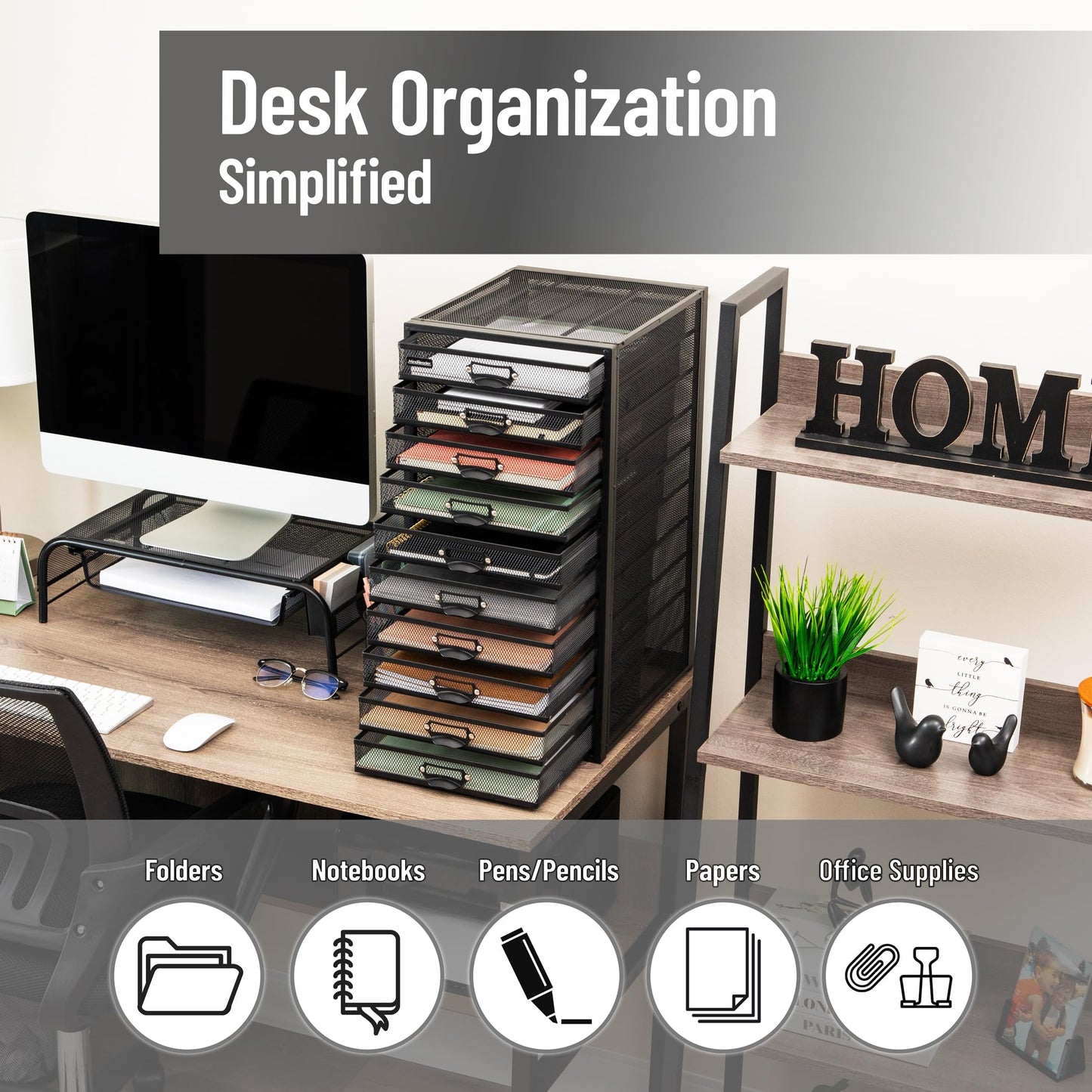 Mind Reader 10-Drawer Desk Organizer for Office Supplies, Crafts, Mail Sorting & More, Metal Mesh, Black