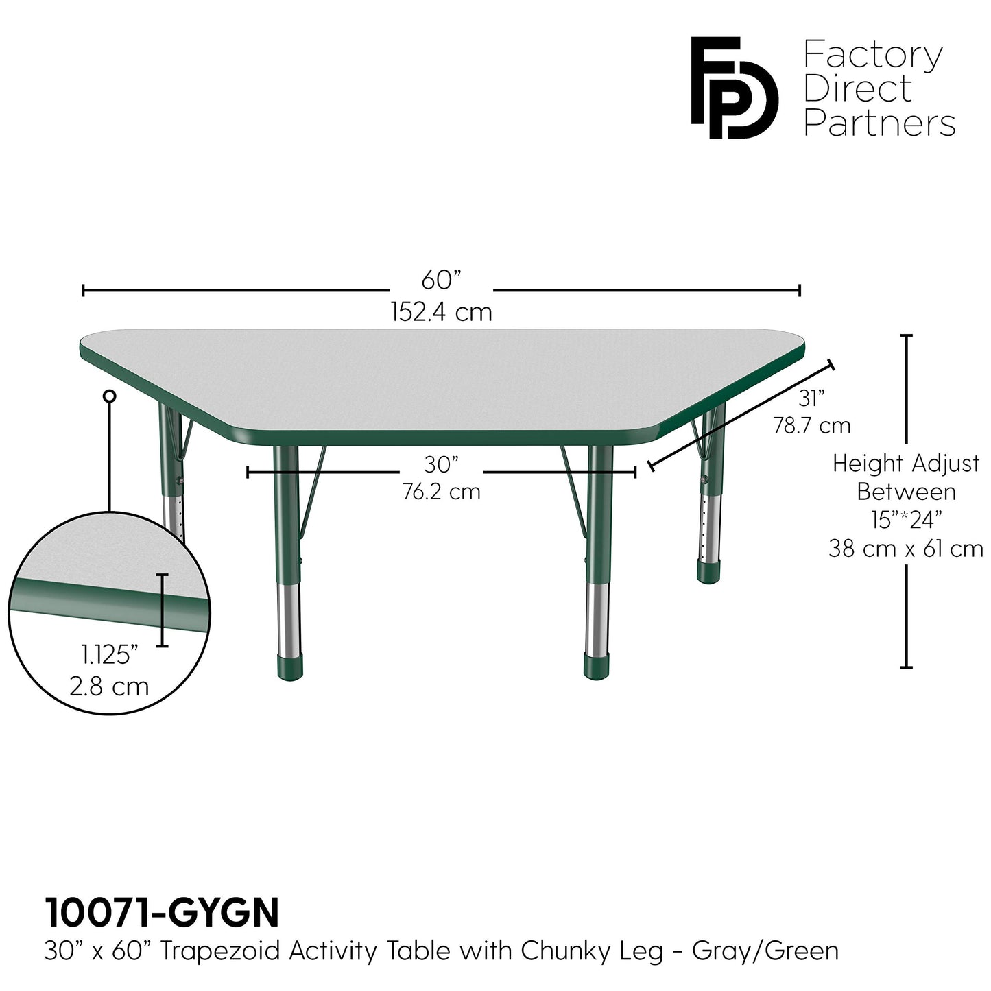 FDP Trapezoid Activity School and Classroom Kids Table (30 x 60 inch), Chunky Toddler Legs for Collaborative Seating Environments, Adjustable Height 15-24 inches - Gray Top and Green Edge