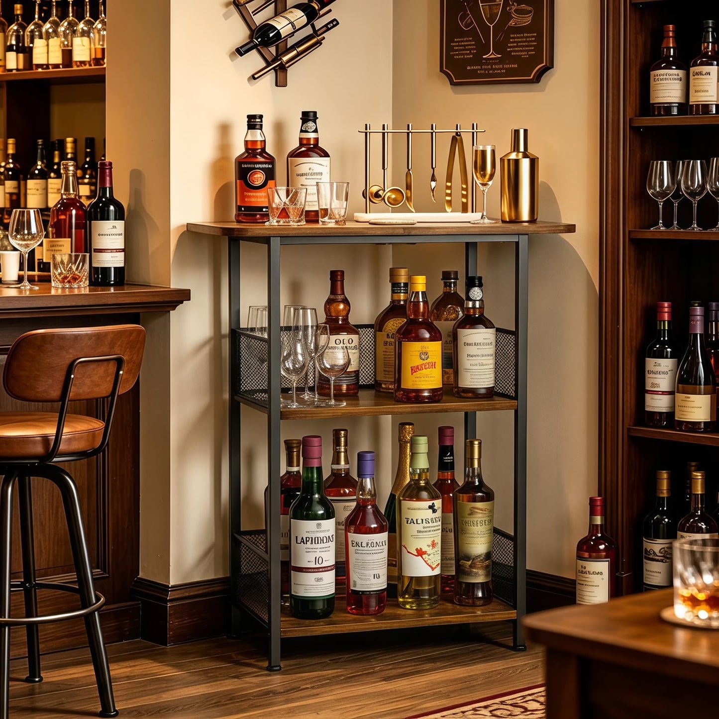 Eyteenokk Freestanding Wine Rack,3-Tier Small Mini Bar Table Liquor Cabinet with T-Shaped Countertop,Rustic Wood Metal Floor Wine Bottle Storage Stand for Home Bar Corner-23.62 x 9.44 x 27.67inches