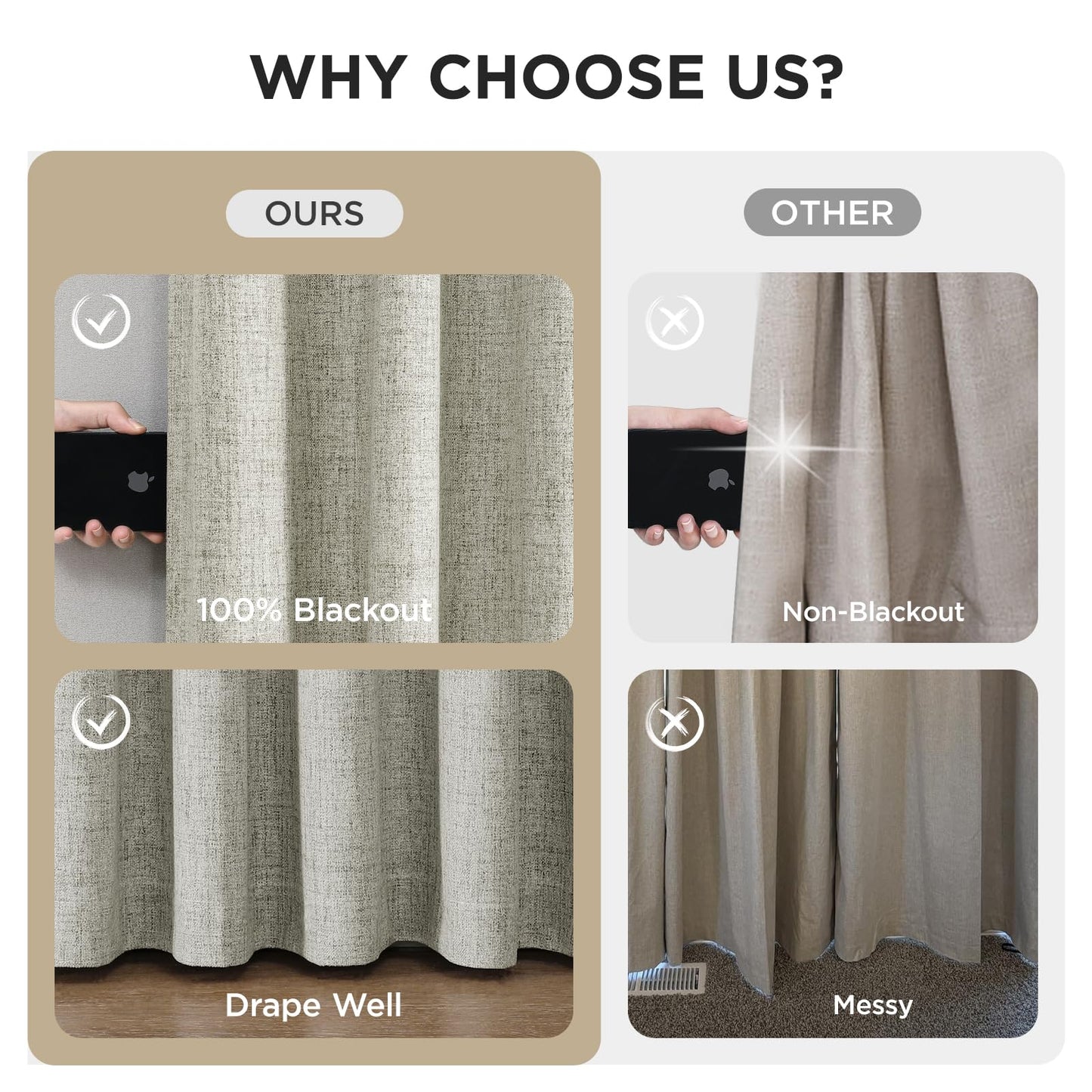 Joydeco Pinch Pleated Curtains - 100% Blackout for Bedroom, Light Beige Linen Curtains 40" W x 90" L, Thermal Insulated 2 Panels Light Blocking Drapes, Back Tabs for Living Room