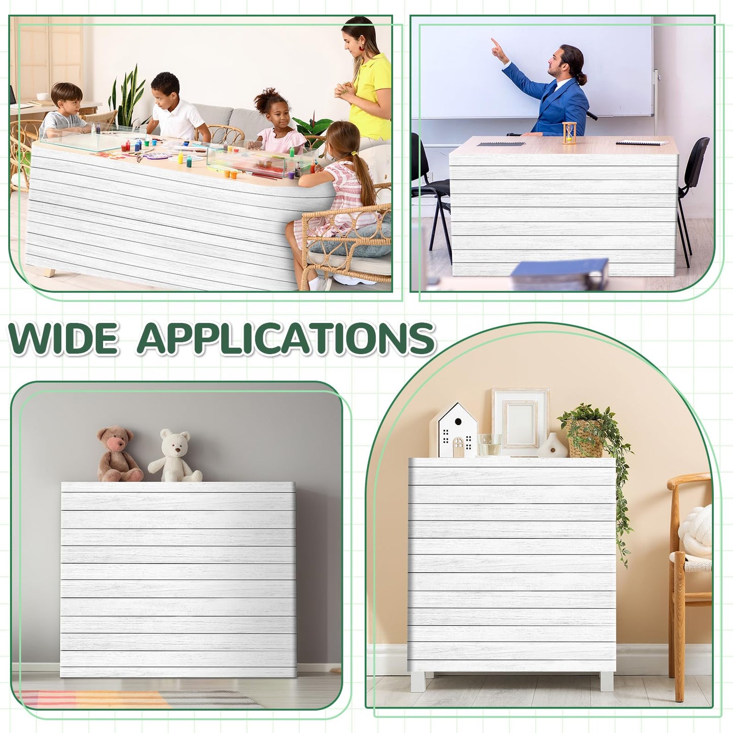6FT White Wood Table Skirt Teacher Desk Skirt Classroom Table Cover for Back to School Decor Classroom Tables Cloths for First Day of School Supplies Office Bookcase Cabinet Decorations