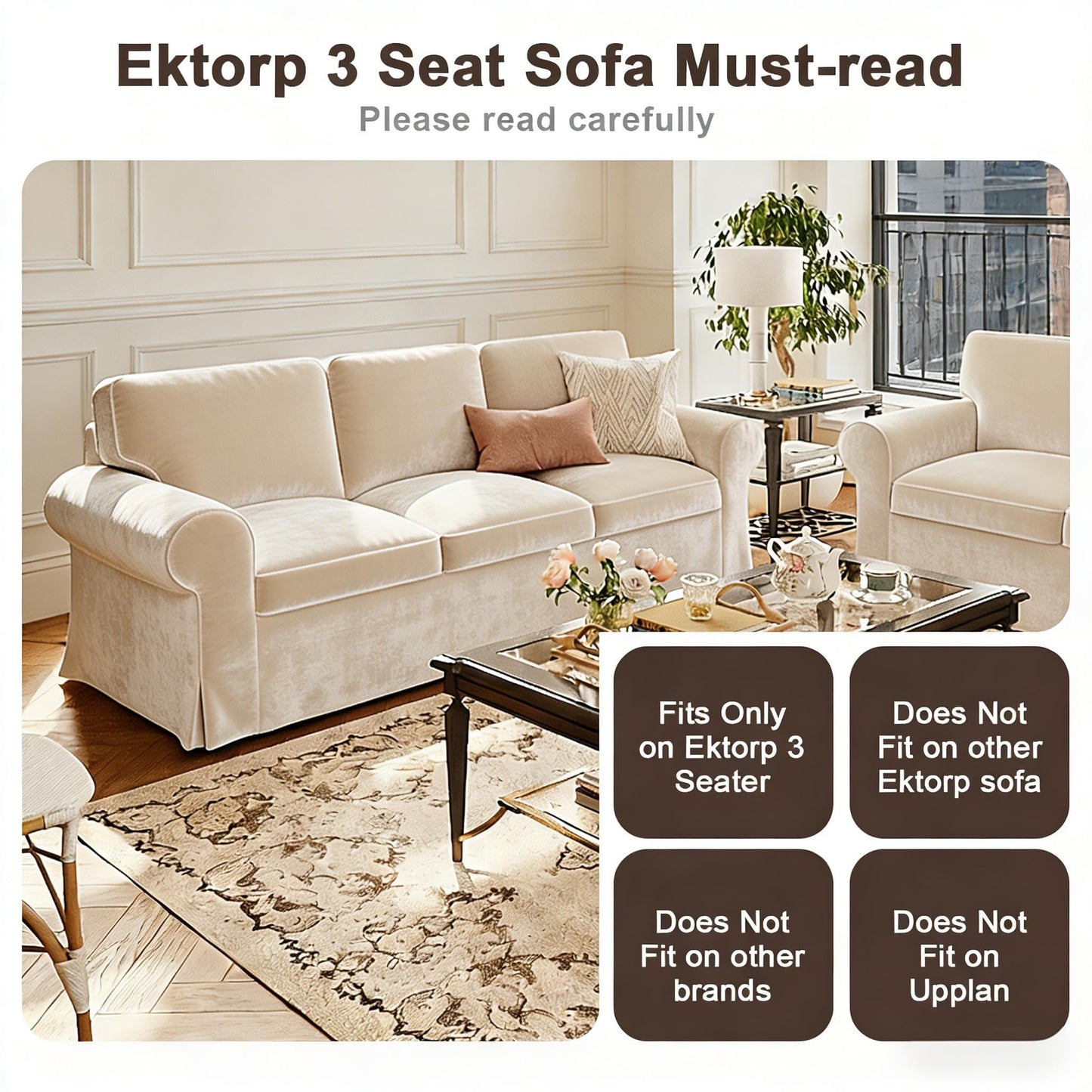 Velvet Pet-Friendly Replacement Sofa Cover Compatible for IKEA Ektorp 3 Seat Sofa Slipcovers, Couch Cover Only, 7-Piece Slipcover, Beige, Couch Cover Not Include The Sofa Body