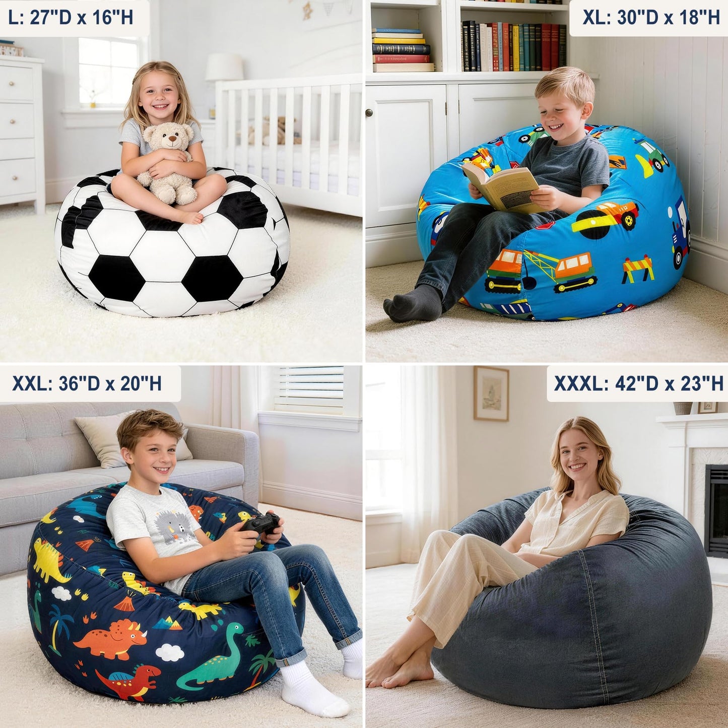 Lukeight Stuffed Animals Storage Bean Bag Chair Cover for Kids and Toddlers, Cozy Velvet Plush Toy Organizer Seat, Cover Only, No Filling Included, Long YKK Zipper, Side Pocket, Large 27 x 16 in