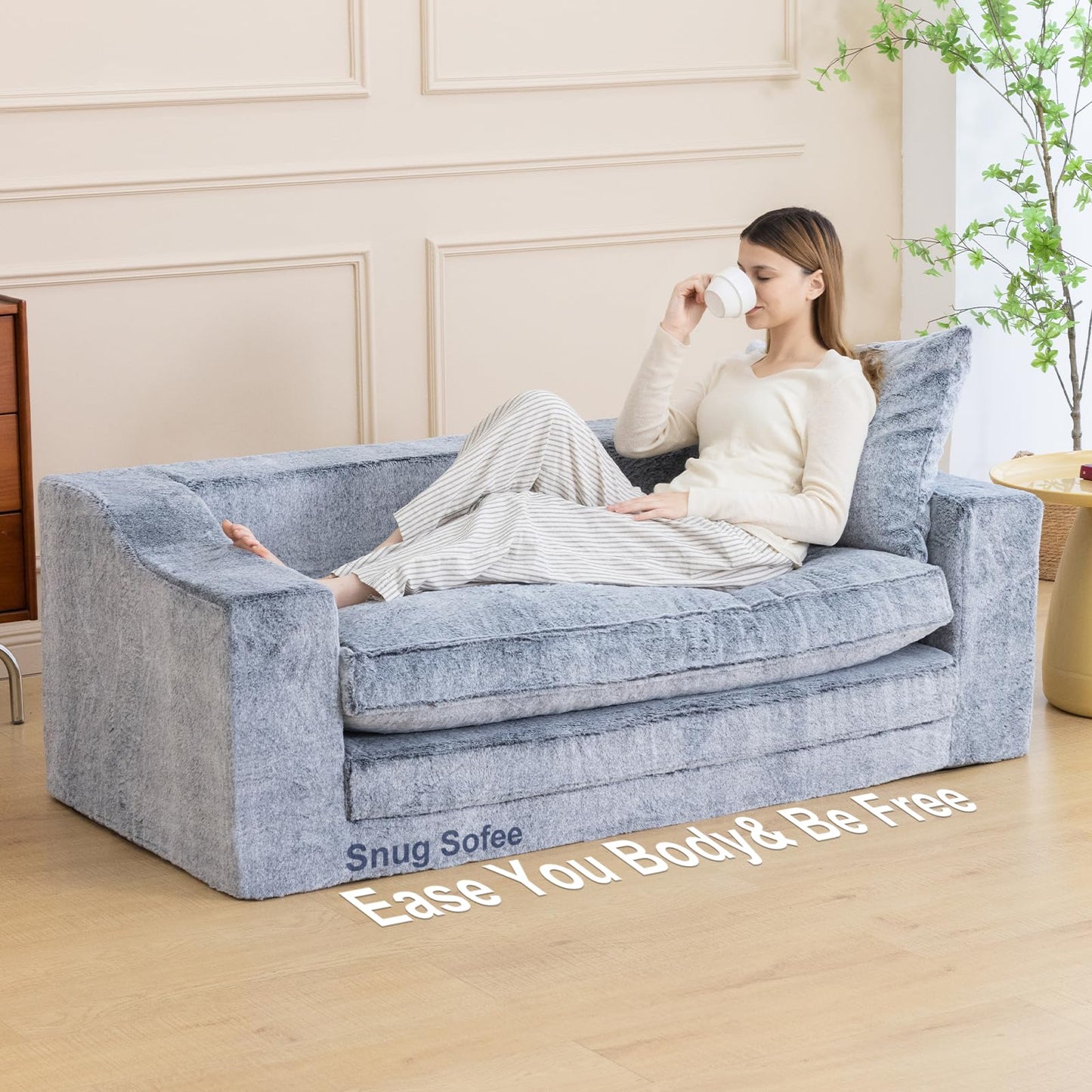 61" Convertible Sofa Bed Loveseat, Memory Foam Boneless Floor Couch with Removable Faux Fur Cover, Tri-folding Compact Full-size Sleeper for Small Living Room, Playroom, Guest Room, RV (White-on-Grey)