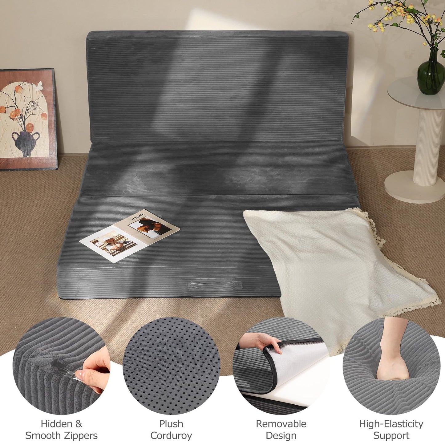 feliz home 6-Inch Tri-Folding Mattress Full Size - Foldable Futon Sofa Bed with Removable Washable Cover, Folding Futon Mattress | Non-Slip Bottom & Carry Handles for Guest, Camping, Dorm