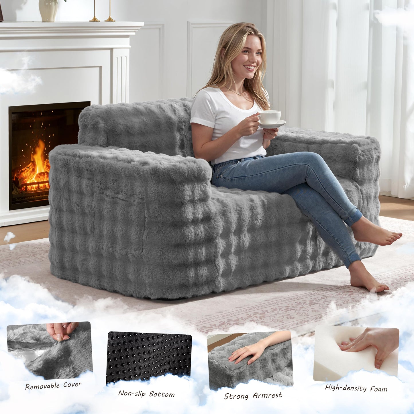 ZurNesfure Sofa Couch Loveseat, Memory Foam Couch with Pillow, Modern Cloud Couch with deep seat and Removable Washable Cover Boneless Sofas for Living Room Bedroom Apartment (Grey,Loveseat)