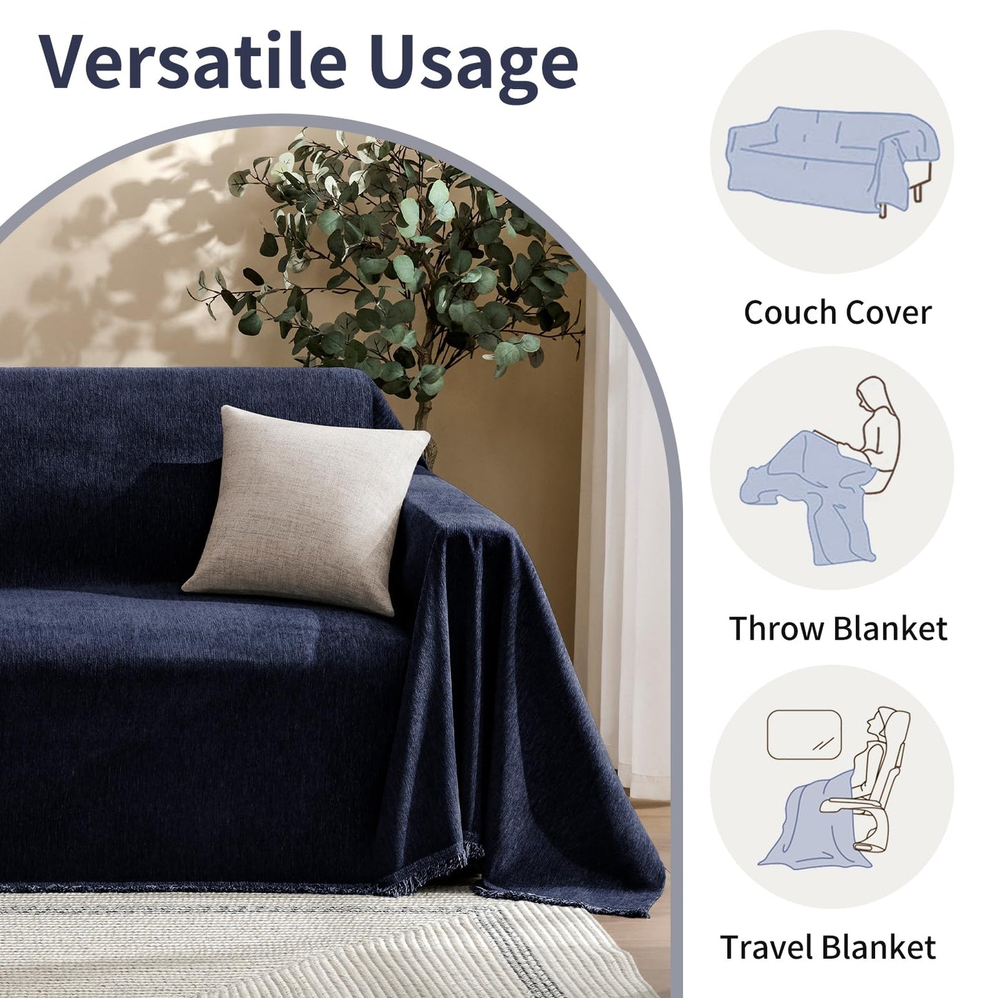 Maymiss Sectional Couch Covers 2-Piece Set for L-Shaped Sofas, Pet Friendly Washable Furniture Protector, Chenille Couch Blanket Fits 2-3 Cushion Couches (71"x118"+71"x118", Navy Blue)