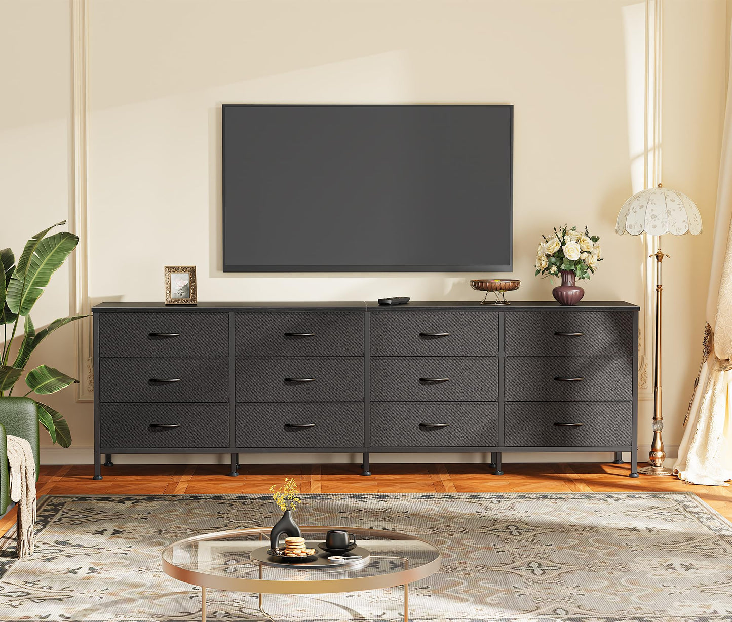 Huuger 70 Inch Black Dresser for Bedroom, TV Stand for 65, 75, 80 Inch TV, 12 Fabric Drawer Long Dresser, Wide Chest of Drawer, Storage Units for Living Room