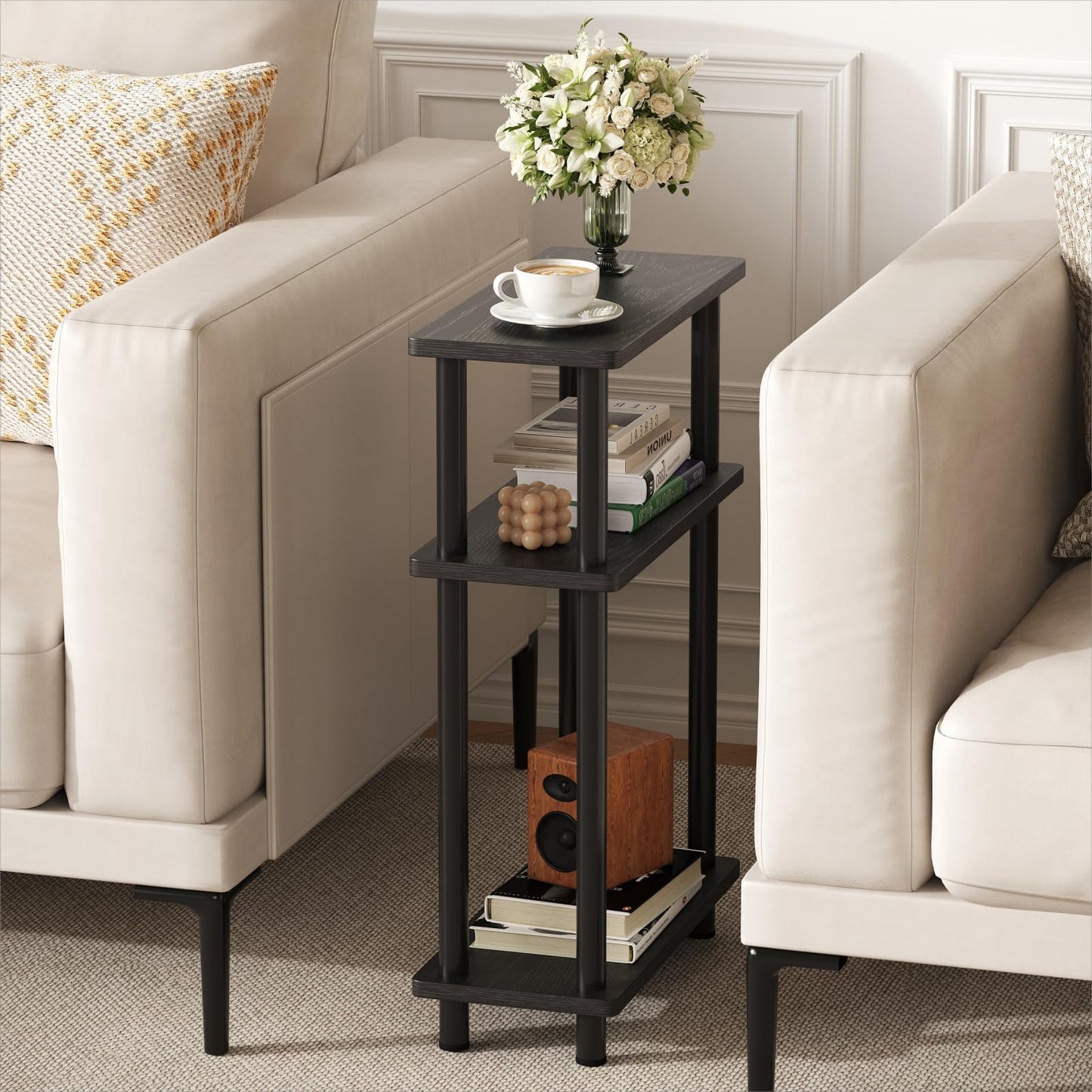 Apicizon Small Narrow Side Table, 3-Tier Skinny End Table with Storage Shelf, Slim Nightstand Bedside Table for Small Spaces, Living Room, Bderoom, Black