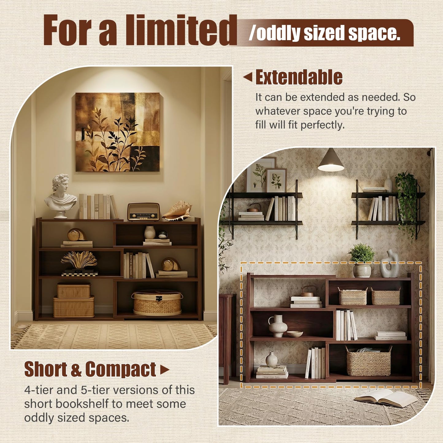 Armocity Expandable Bookshelf, Short Corner Bookshelf for Small Spaces, Small Ladder Book Shelf, Extendable Wood Narrow Bookcase for Living Room, Bedroom, 4 Tier, Black Walnut
