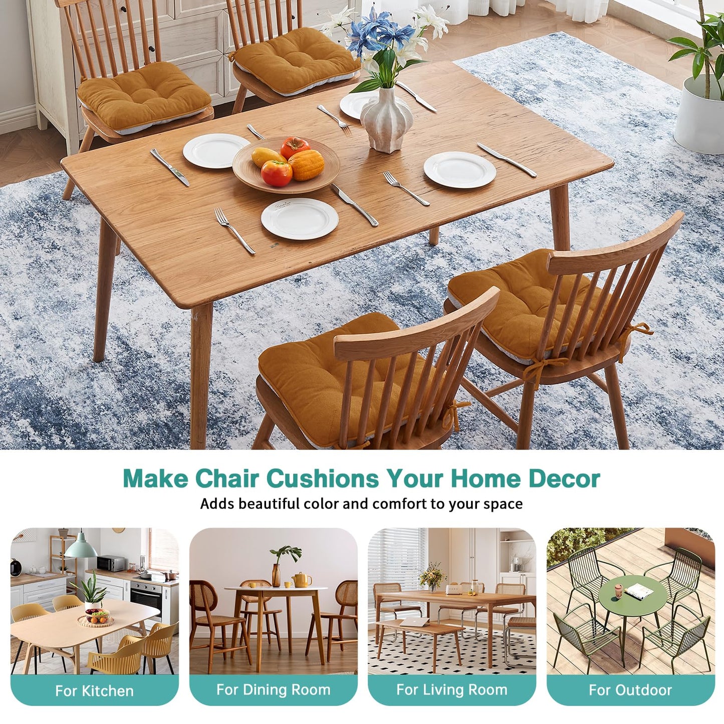 BETU Chair Cushions for Dining Chairs Set of 4,Thick Kitchen Table Chair Pads with Ties,Non Slip Backing and Covers, Seat Cushion for Dining Room,Bar,Patio Chairs,15.5"X15.5"X3.5"