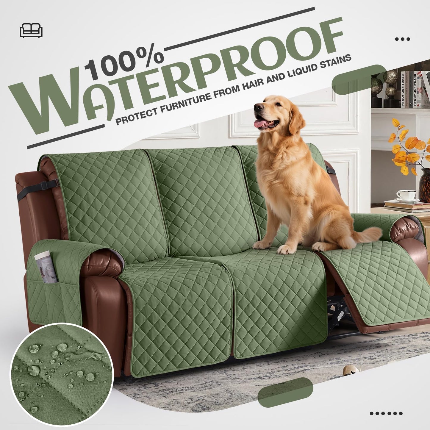 KinCam Waterproof Recliner Sofa Cover, Non-Slip Reclining Couch Covers for 3 Seat, Recliner Couch Cover Furniture Protector with Elastic Straps for Pets, Kids, Cactus Green