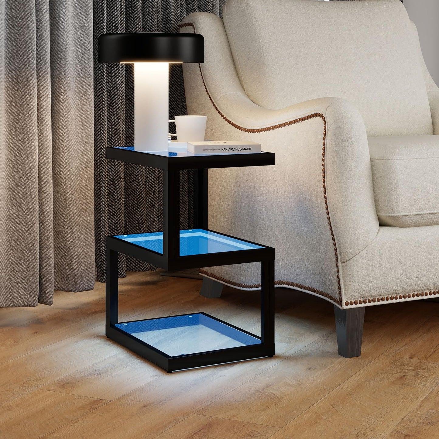 Permory Glass 3-Tier S-Shaped Side Table with LED Strip, Black End Table for Living Room & Bedroom (Rectangle)