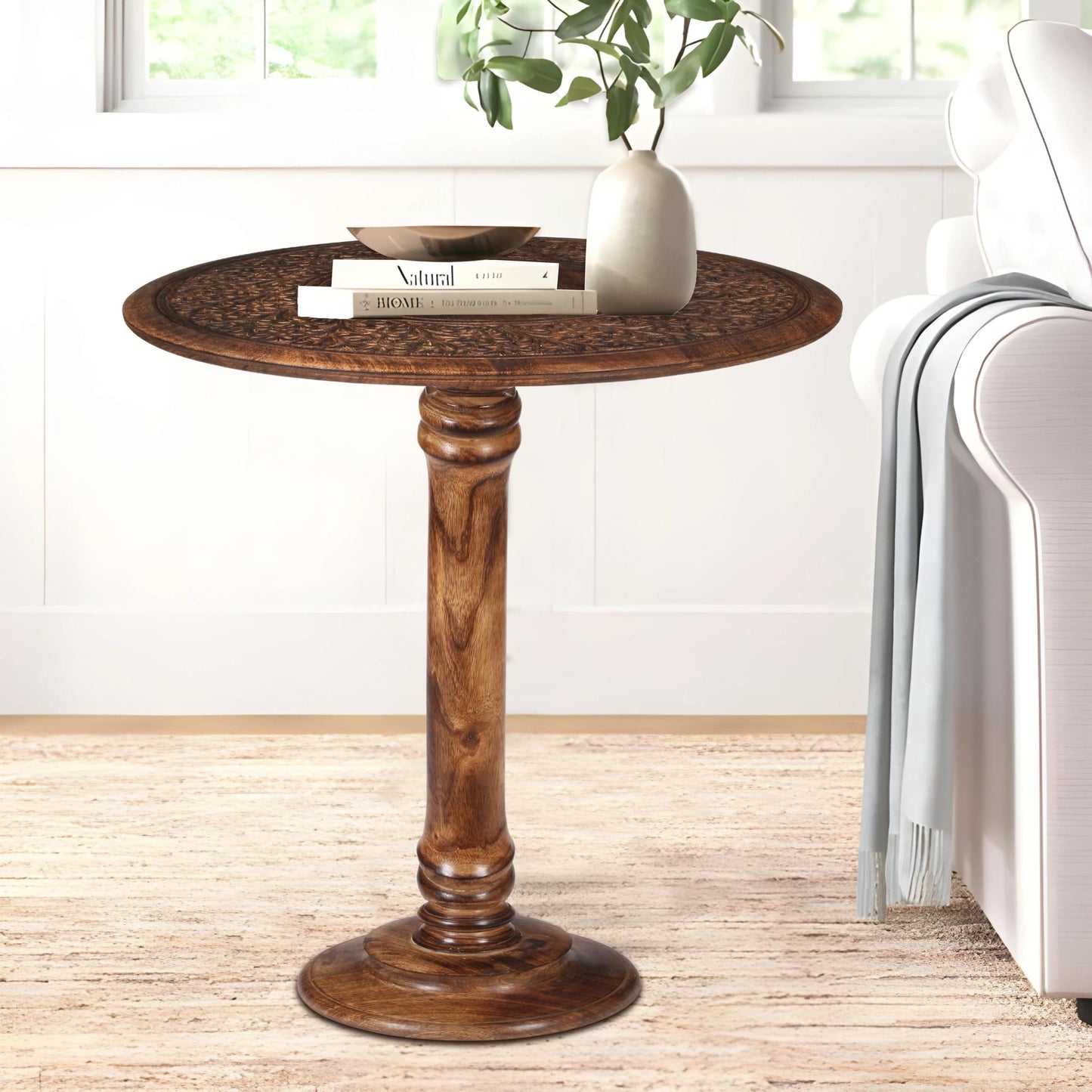 Goroly Home Hand Carved Wooden Pillar Table Pillar, Small End Table Nightstand Bedside Table for Living Room, Magazines, Books & Plants - 18x22 Inch - Antique Burnt