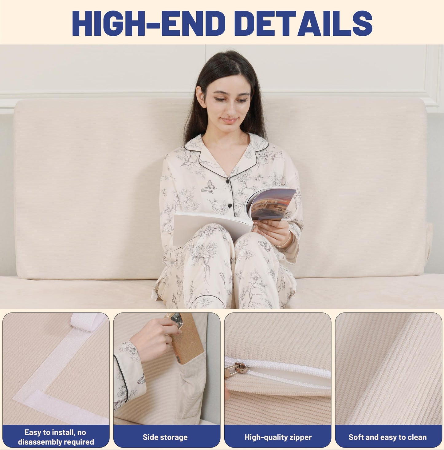 Upholstered Cotton Velvet Full Headboard No Assembly Required Direct Installation, Soft Headboard with Storage Pocket, Removable Washable Cover, 3D Soundproof Bed Wall Panels, 54x4x24, Beige