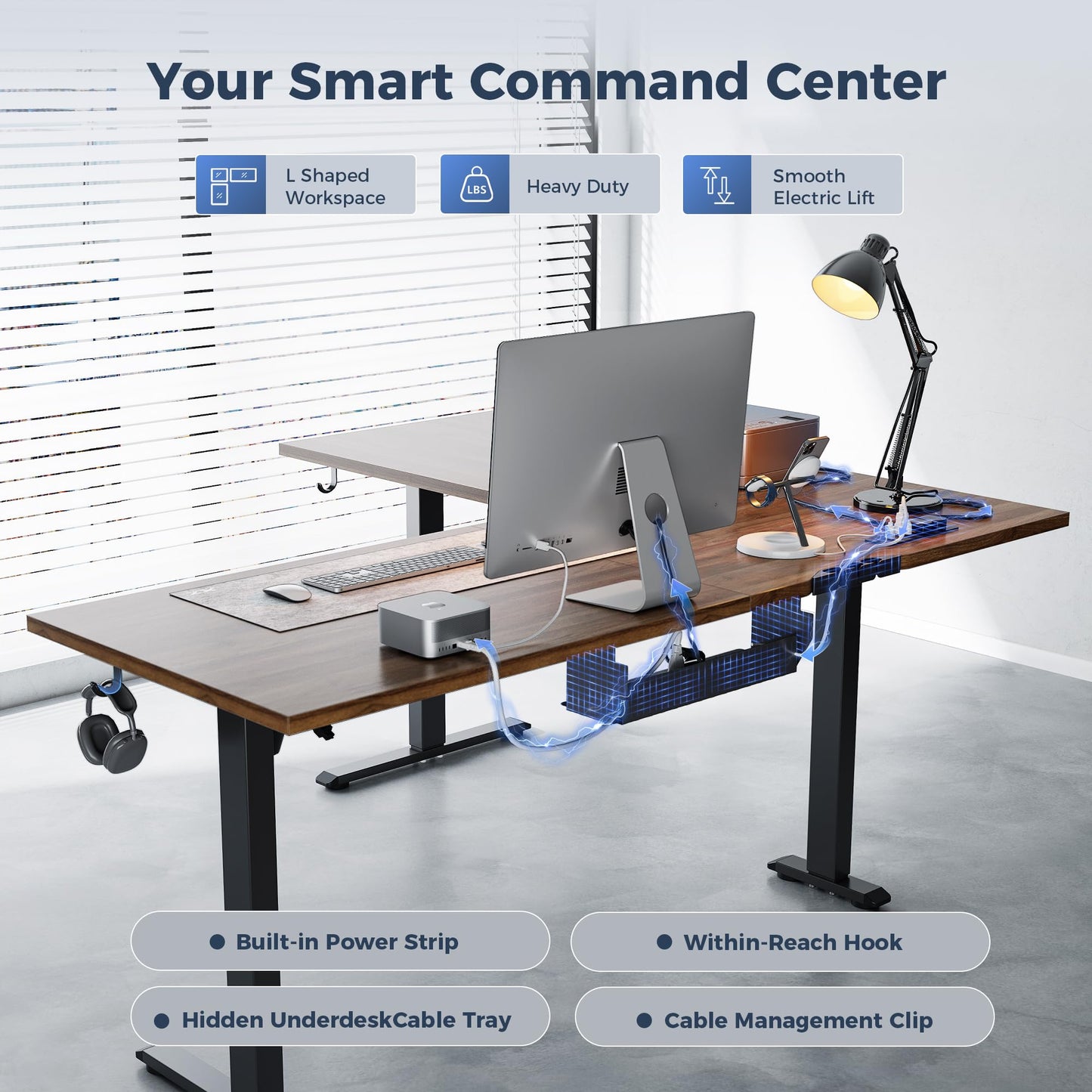 Klicelor L Shaped Standing Desk 63 x 48 Inch,Electric Height Adjustable Corner Desk with Cable Management & Power Outlets, Ergonomic Sit Stand Up Computer Table for Home Office,Dark Walnut
