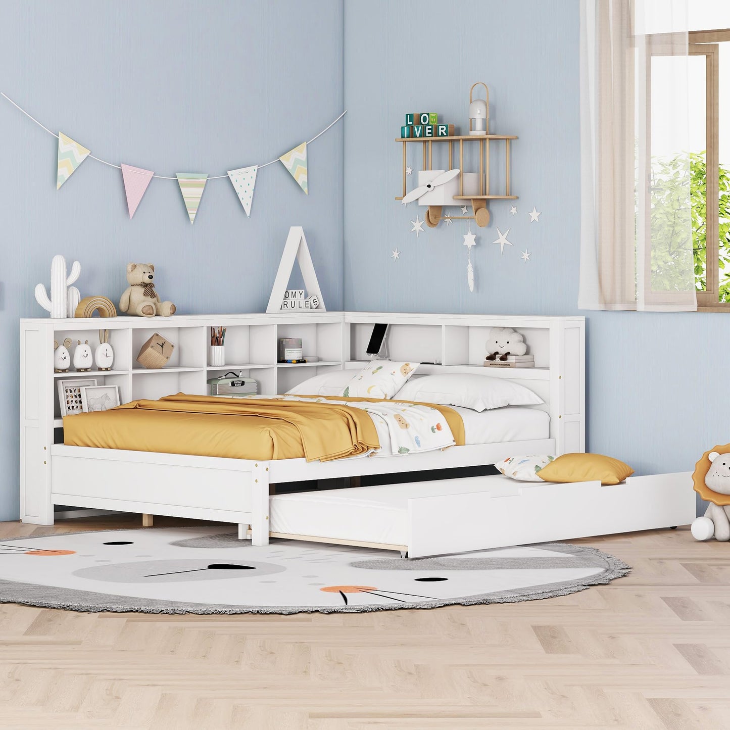 Ball & Cast Full Size Daybed W/Twin Size Trundle,Day Bed with Pop Up Trundle Bed W/USB Charging Ports,Wooden Sofa Bed W/Storage Shelf,No Box Spring Needed,for Bedroom,Guest Room,White