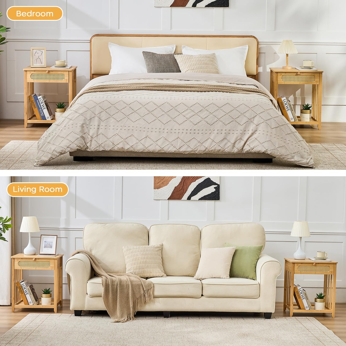 oakvivo Nightstand Set of 2, Rattan Night Stand Bedside Table with Drawer, 19.7" W Bamboo End Tables with Open Storage Shelf, Boho Sofa Bed Side Table for Bedroom, Living Room, Sofa, Couch, Natural