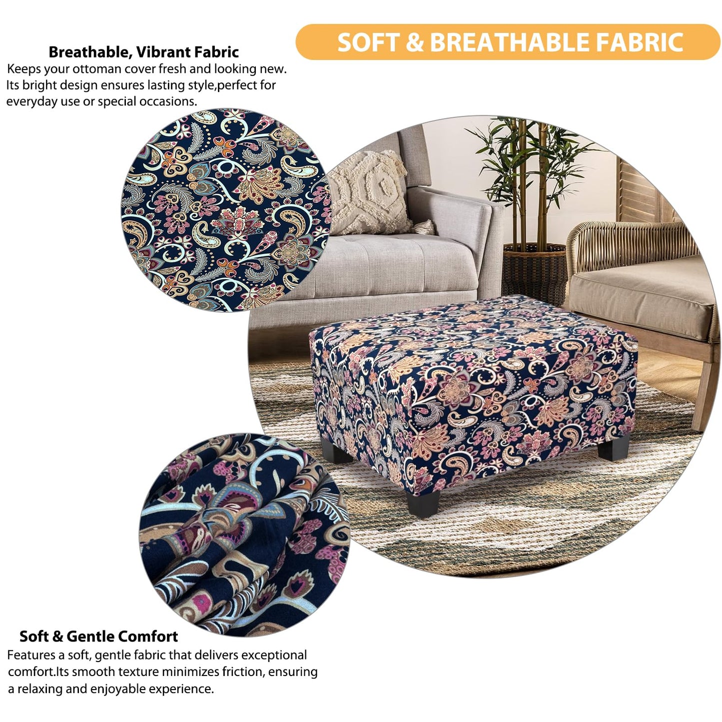 TOPHMDECOR Ottoman Cover Rectangle Printed,Stretch Footstool Slipcover with Elastic Bottom,Soft Fabric Protector for Rectangular Ottoman in Living Room or Bedroom,Medium,Flower H