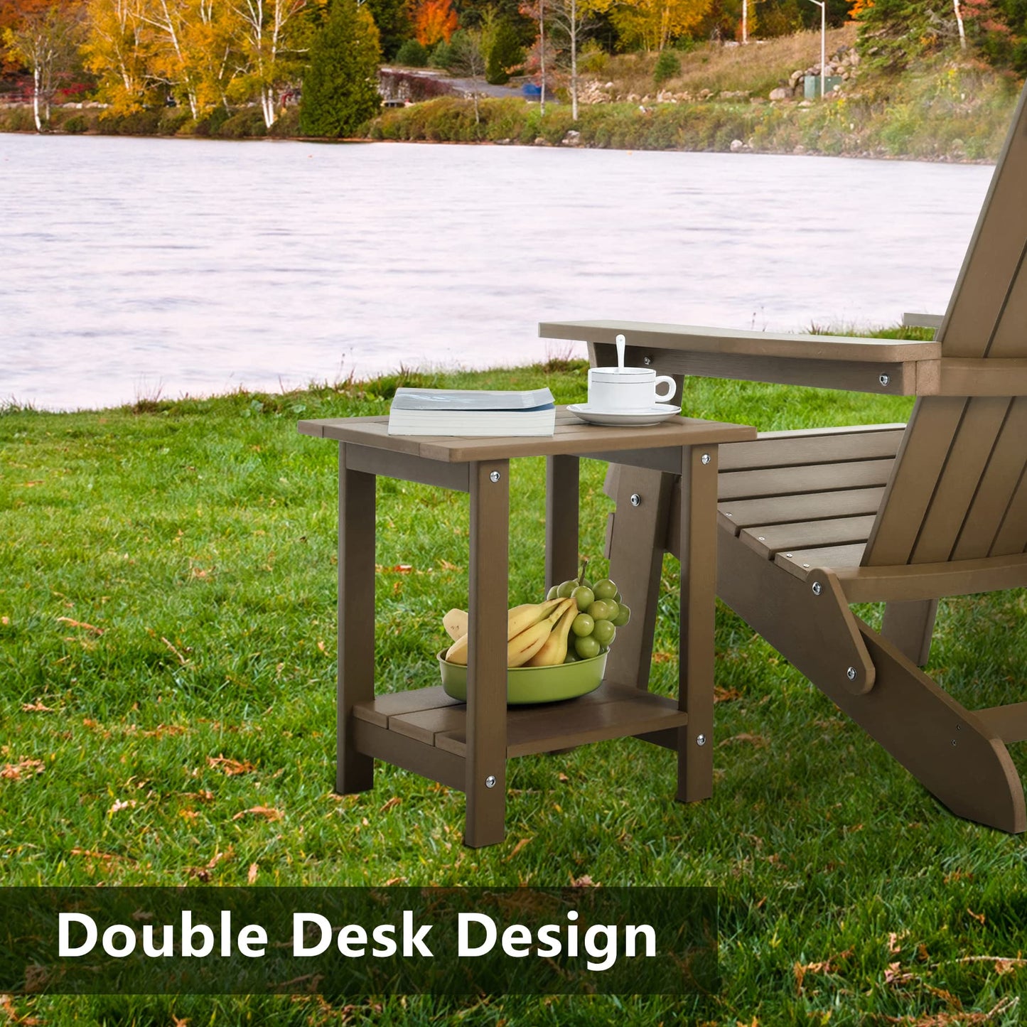 Meluvici Double Adirondack Outdoor Side Table Weather Resistant, Outdoor Rectangular Patio End Table for Adirondack Chair, Teak