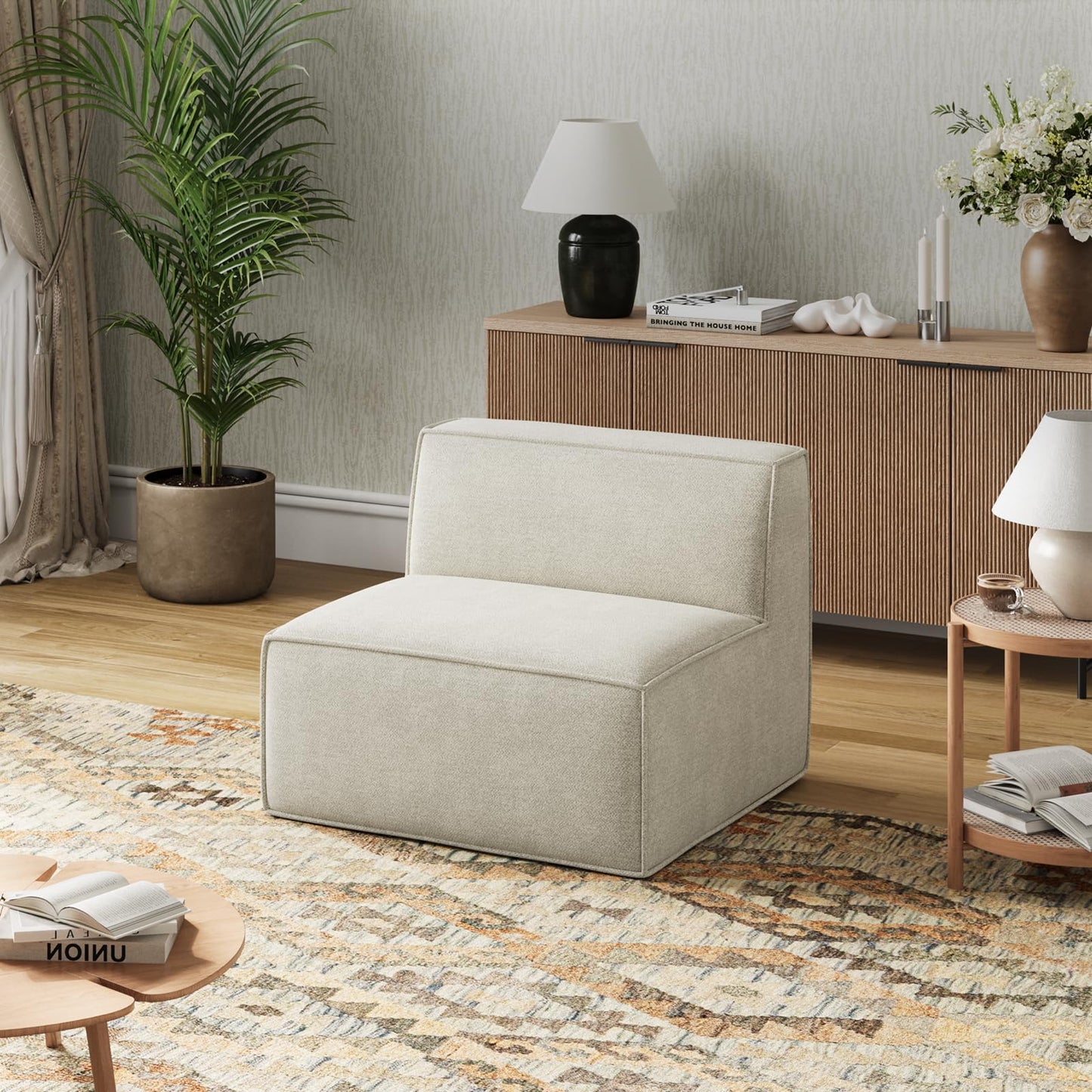 Novilla Modular Sectional Sofa, No Assembly Cloud Sectional Couch with Smarts Coil® Support, Chenille Fabric Sectional Sofa, Boneless Couch for Living Room Apartment, Beige (Armless Chair)