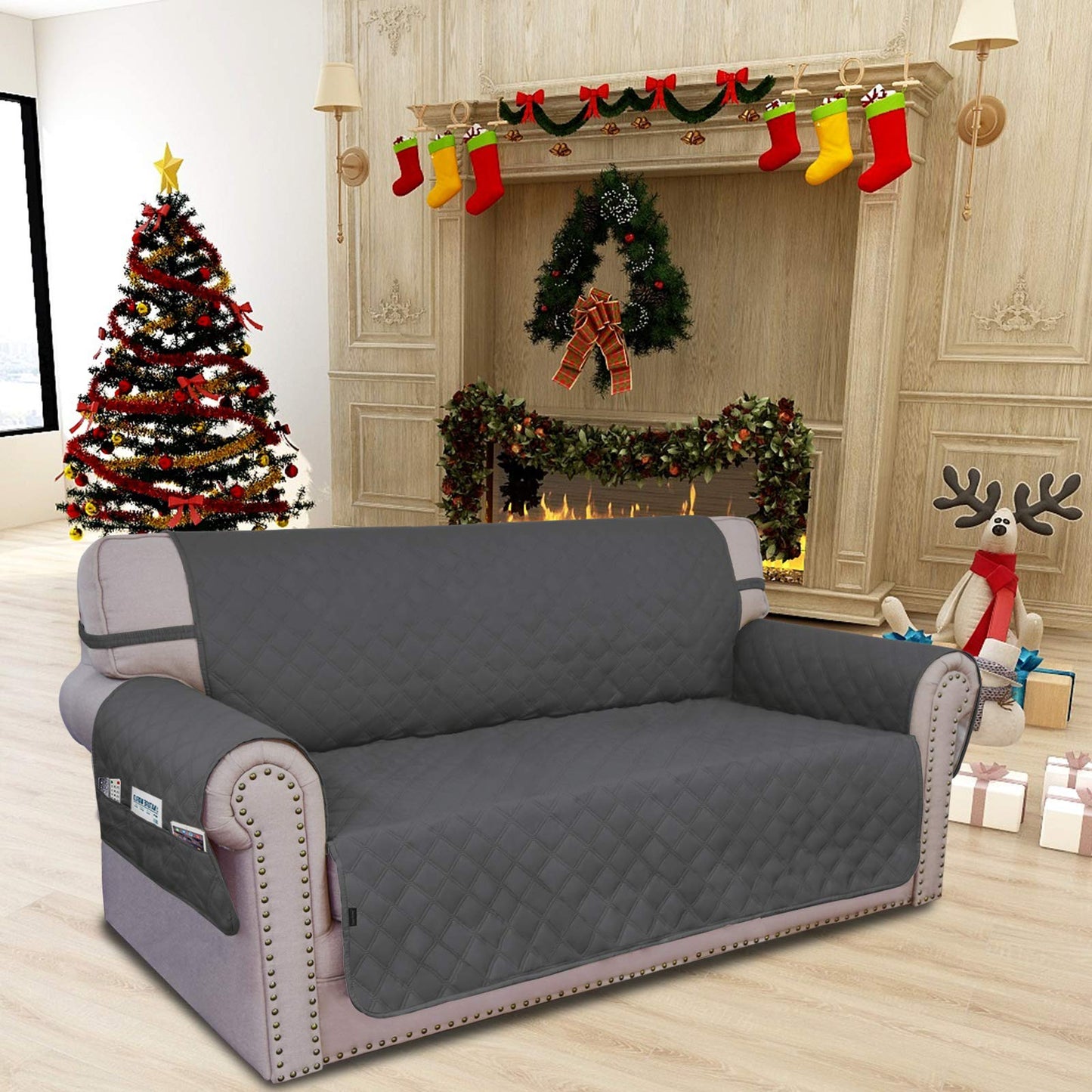 Easy-Going Sofa Slipcover Loveseat Cover Waterproof Couch Cover Washable Sofa Cover for 2 Cushion Couch Non-Slip Fabric Furniture Protector with Pocket for Pets Kids Dog Cat (Loveseat, Dark Gray)