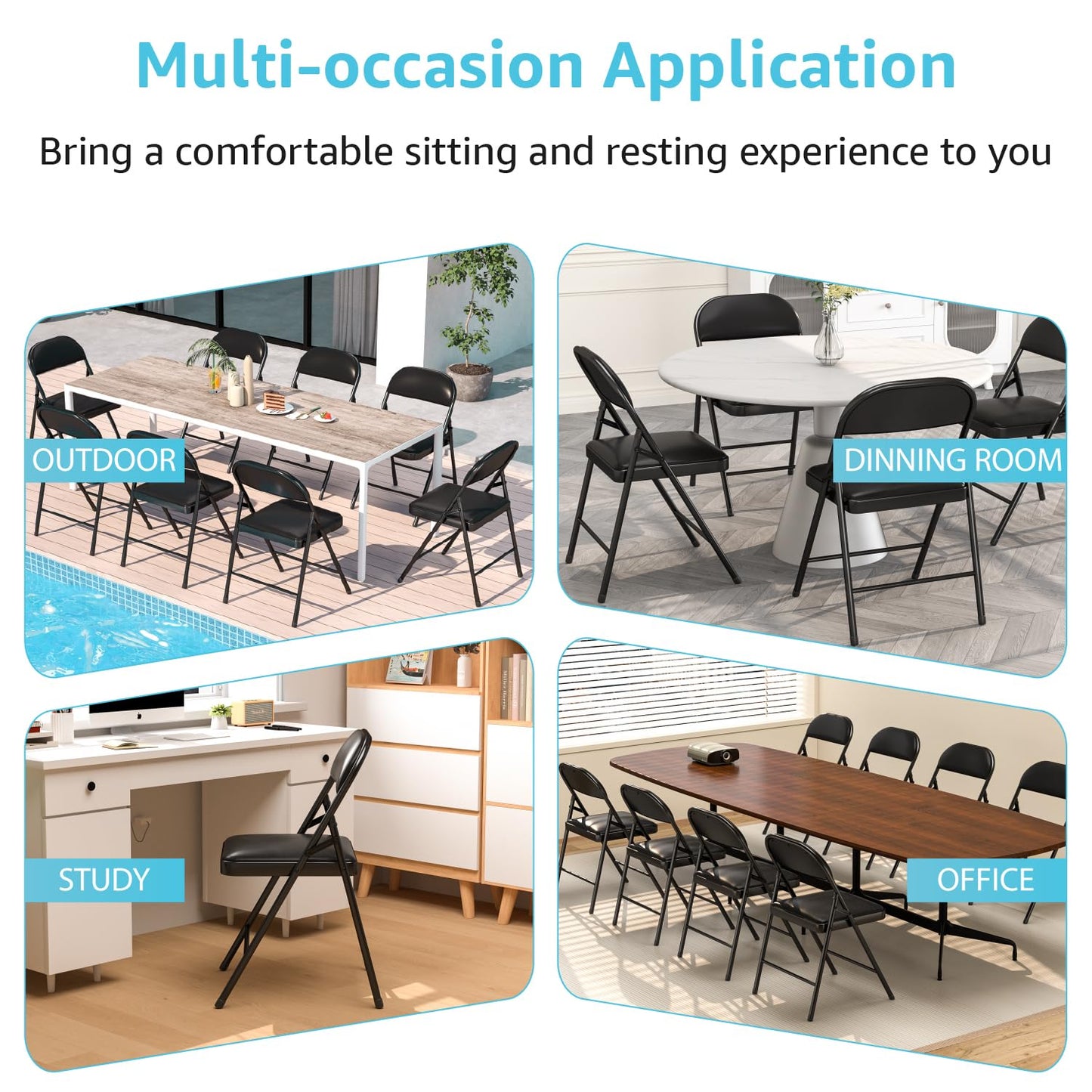 VOLIX 4 Pack Folding Chairs with Padded Cushion & Back, Padded Folding Chairs for Home, Office, Indoor, Outdoor Events (Black, 4 Pack)