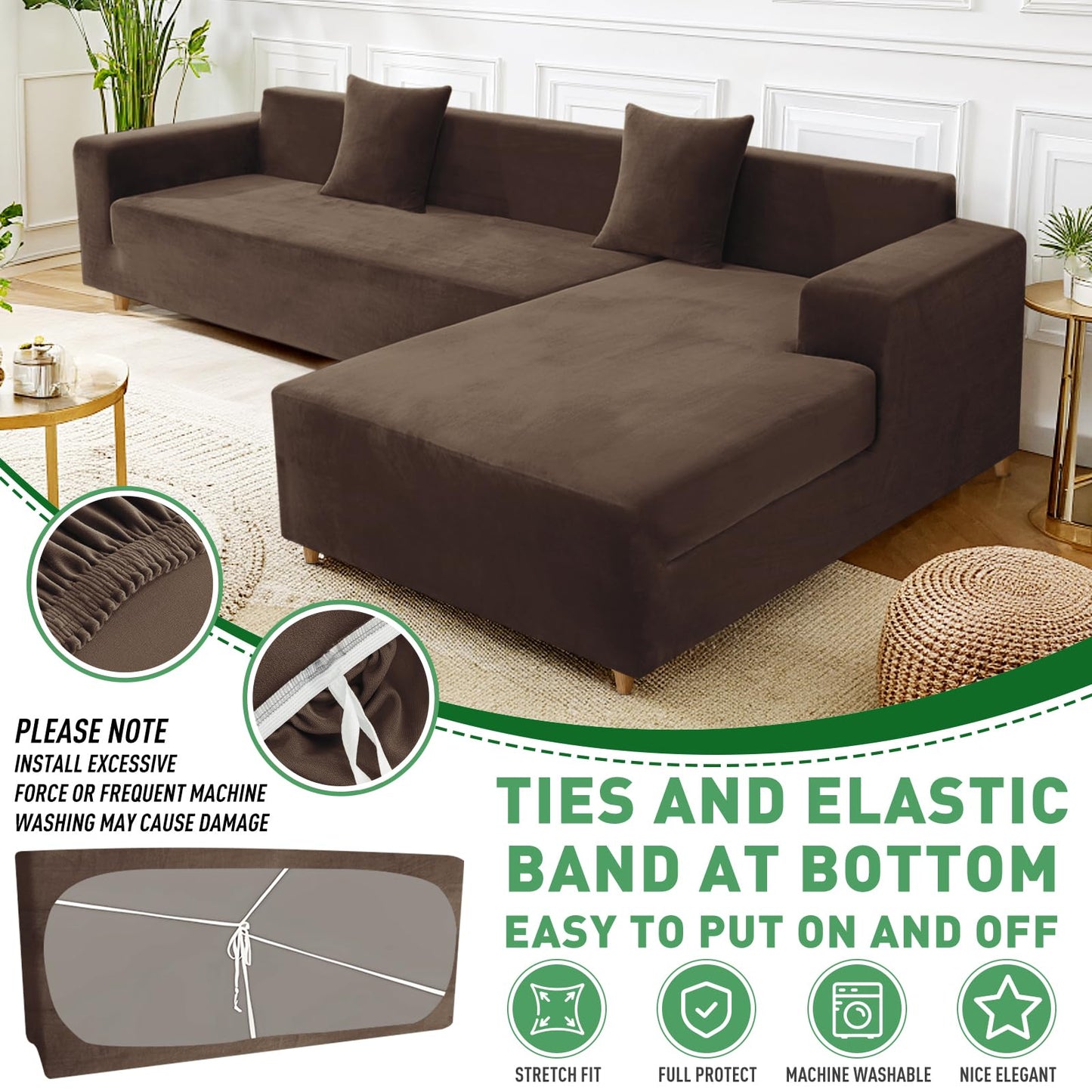 ZNSAYOTX 2026 Soft Velvet Sectional Couch Covers, Luxury Plush Slipcovers with Elastic Bottom for L Shape Sectional Sofa, 2 Pc Pet Friendly Protector (3 Seat Couch + 2 Seat Chaise, Dark Coffee)