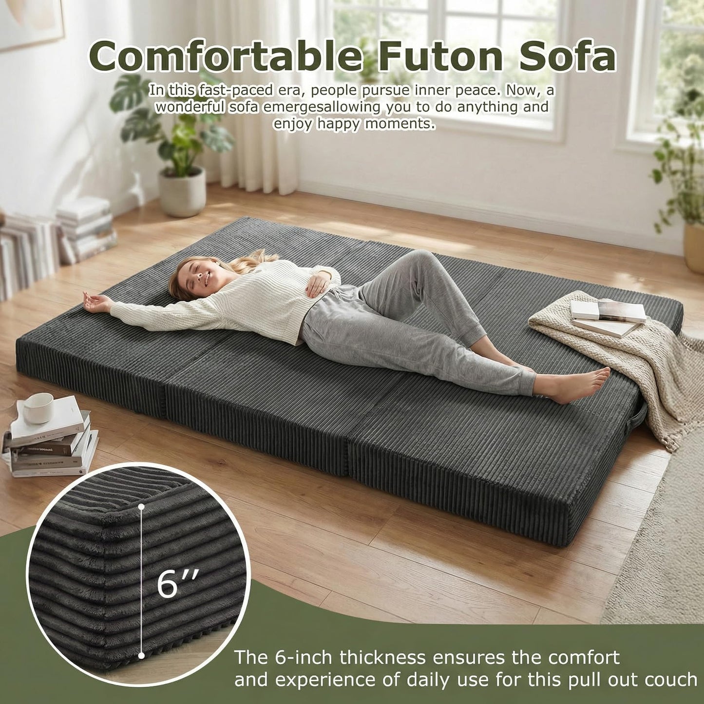 NLDD 5-in-1 Convertible Sofa Bed, Boneless Loveseat, Tri-fold Futon Sofa Bed with Removable Cushions & Washable Cover, Pull Out Couch with Handle, for Small Spaces, Queen Size, Grey