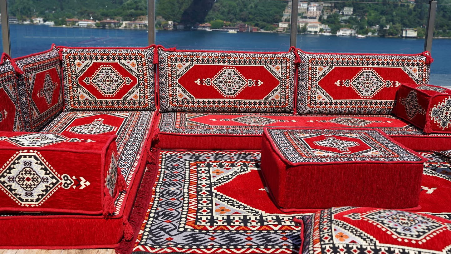 L Shaped Arabic Floor Cushions, Sectional Sofas, Arabic Majlis Set, Custom Made Sofa, Arabic Sofa Set, Seating Cushions (4'' Thickness Sofa, L Sofa Full Set, Red)