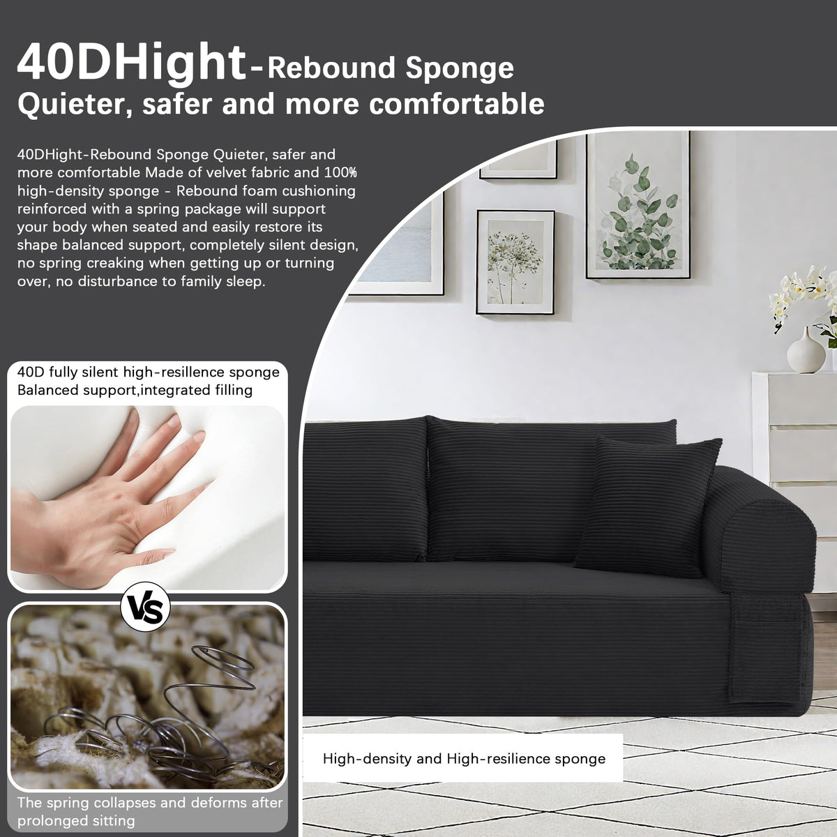 83" Modern Sofa in a Box, No Assembly Oversized 3 Seater 28" Deep Seat Cloud Sofa Bed Couch with 4 Furry Pillows & Corduroy Fabric, Boneless Couch with Side Storage Pockets for Living Room, Black
