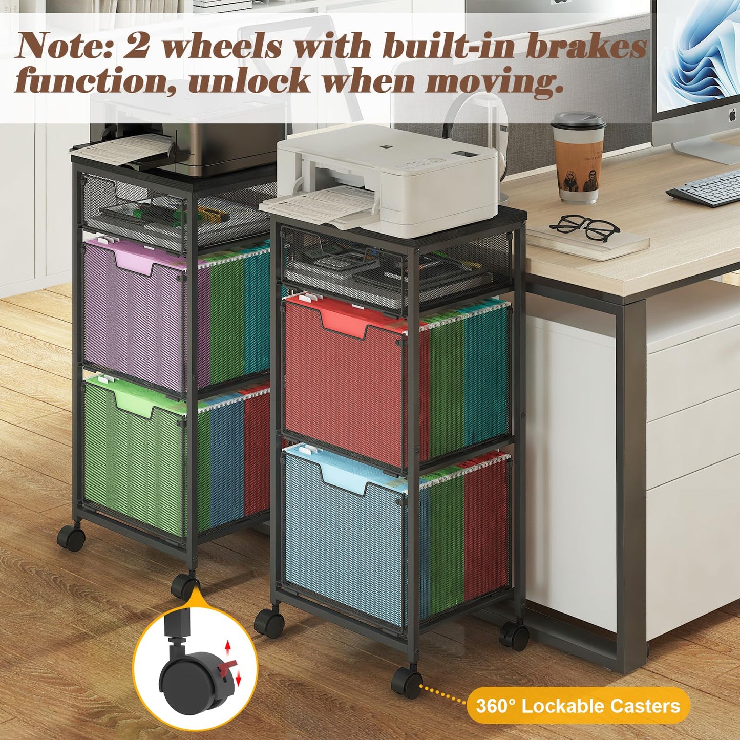 Sbanmao 3 Drawer Mobile File Cabinet for Home Office, Rolling Filing Cabinet on Lockable Wheels, Hanging File Folders Organizer, Utility Cart Storage and Organizer, Printer Stand, Black