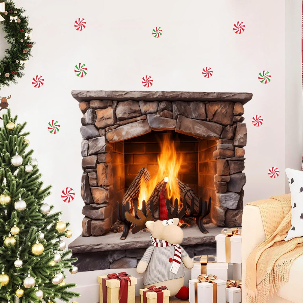 Large Christmas Wall Decals Christmas Wall Decoration Vinyl Sticker Peel and Stick Indoor Xmas Fireplace Decal for Walls Removable Peppermints Xmas Art Murals for Living Room Holiday Xmas Party Supply