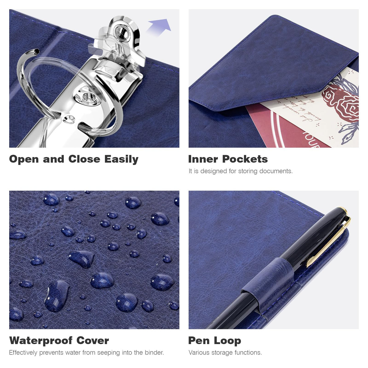 Ospelelf Leather Mini Binder Vintage Hardcover 2 Inch Rings, Professional Small 3 Ring Binders Organizer Suitable for 5.5" x 8.5" Documents, Binder Dividers with Tabs, Dark Blue